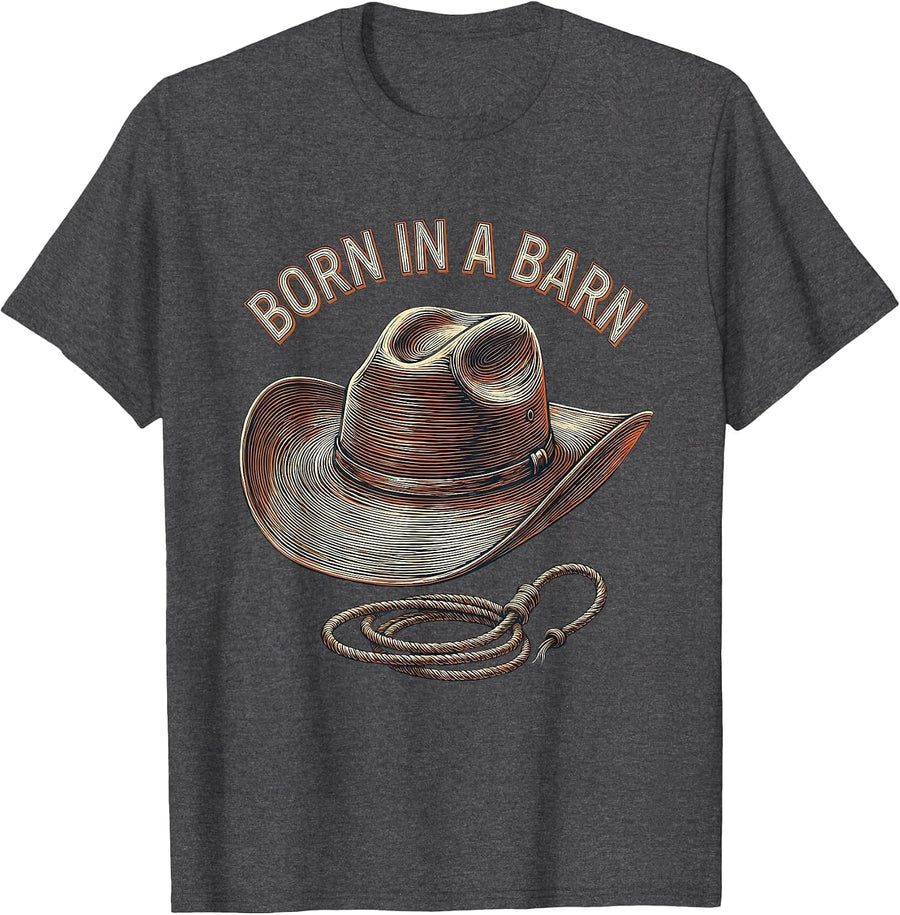 Men's Born in a Barn Cowgirl Graphic Design T-Shirt - Dark Heather Grey