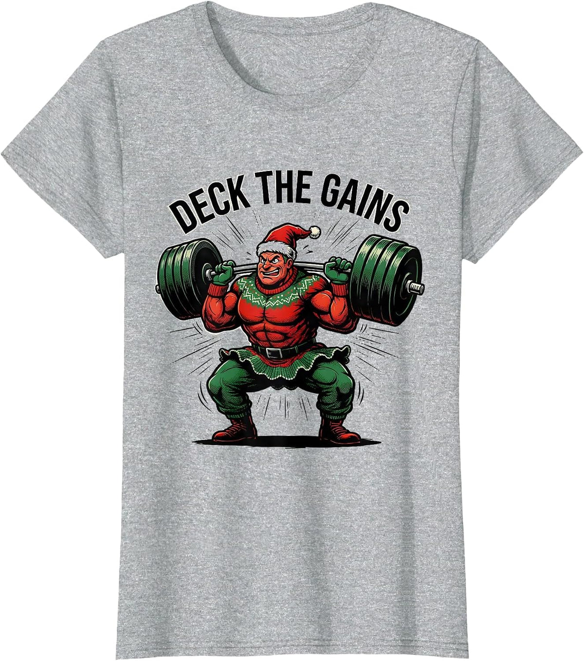 Women's Deck The Gains Funny Comic Book Christmas Gym Weightlifting T-Shirt - Heather Grey