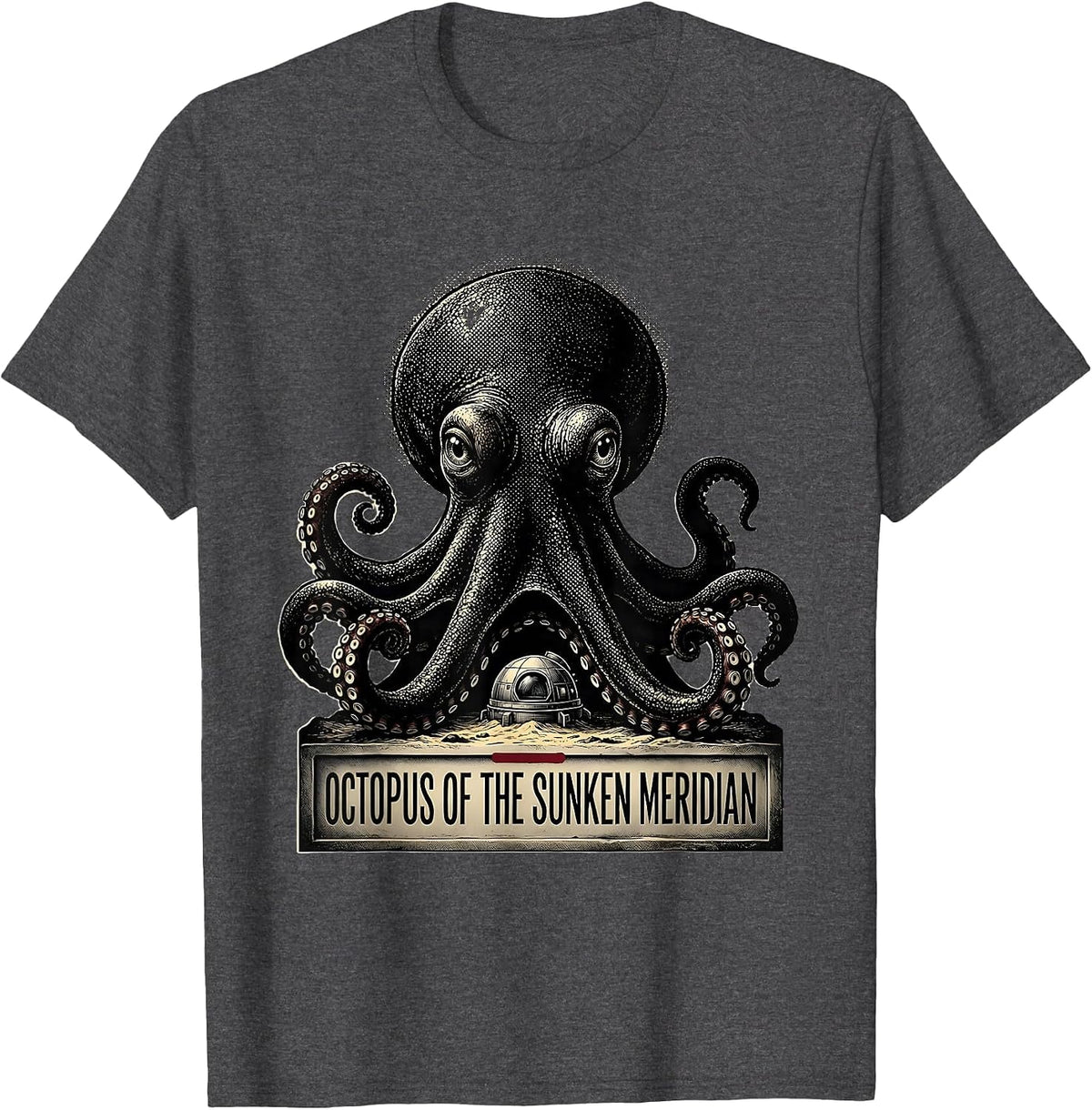 Men's Octopus of the Sunken Meridian Blackwork Dotwork Ocean T-Shirt - Dark Heather Grey