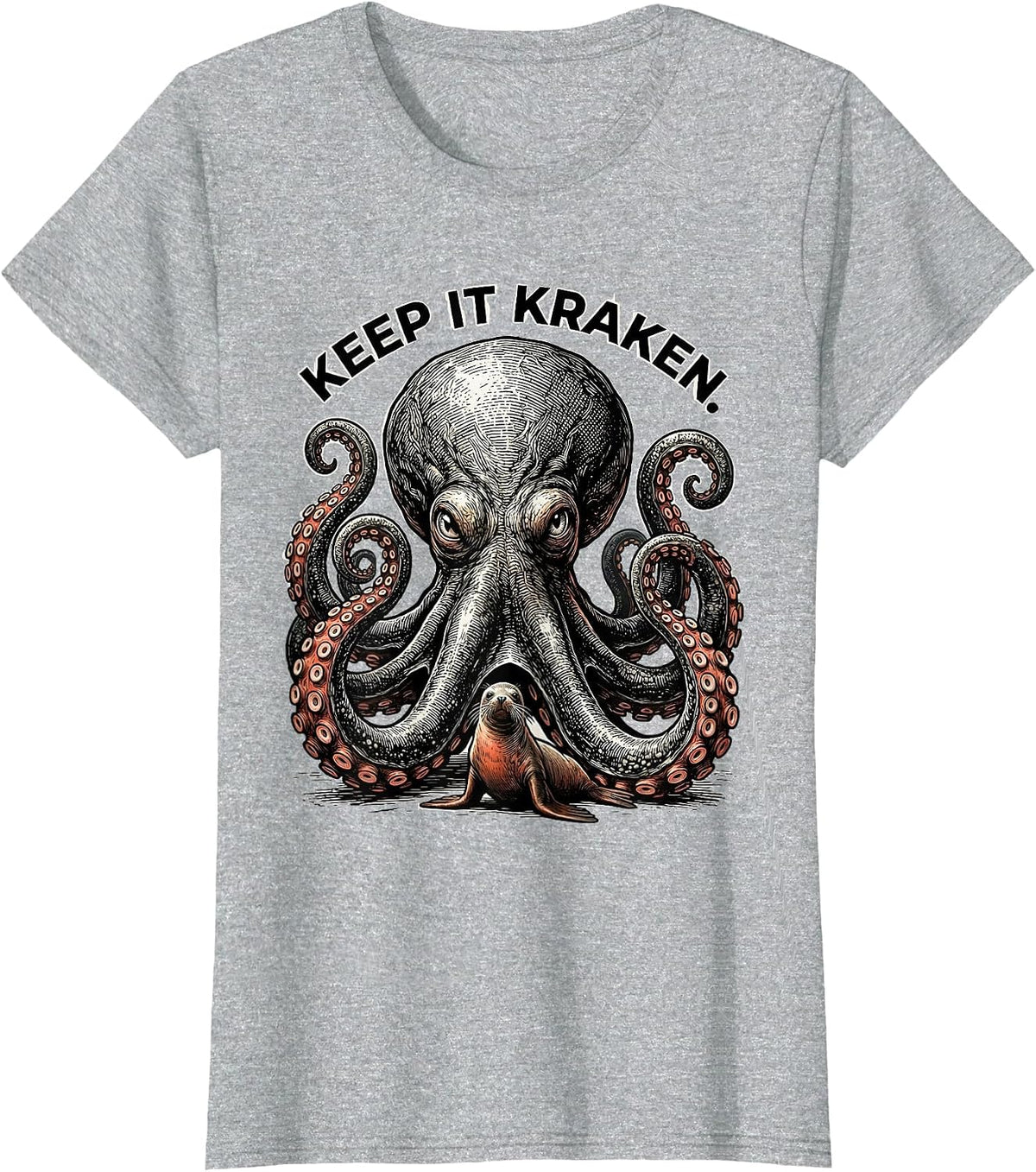 Women's Keep It Kraken Vintage Japanese Kraken Octopus Sea Monster T-Shirt - Heather Grey