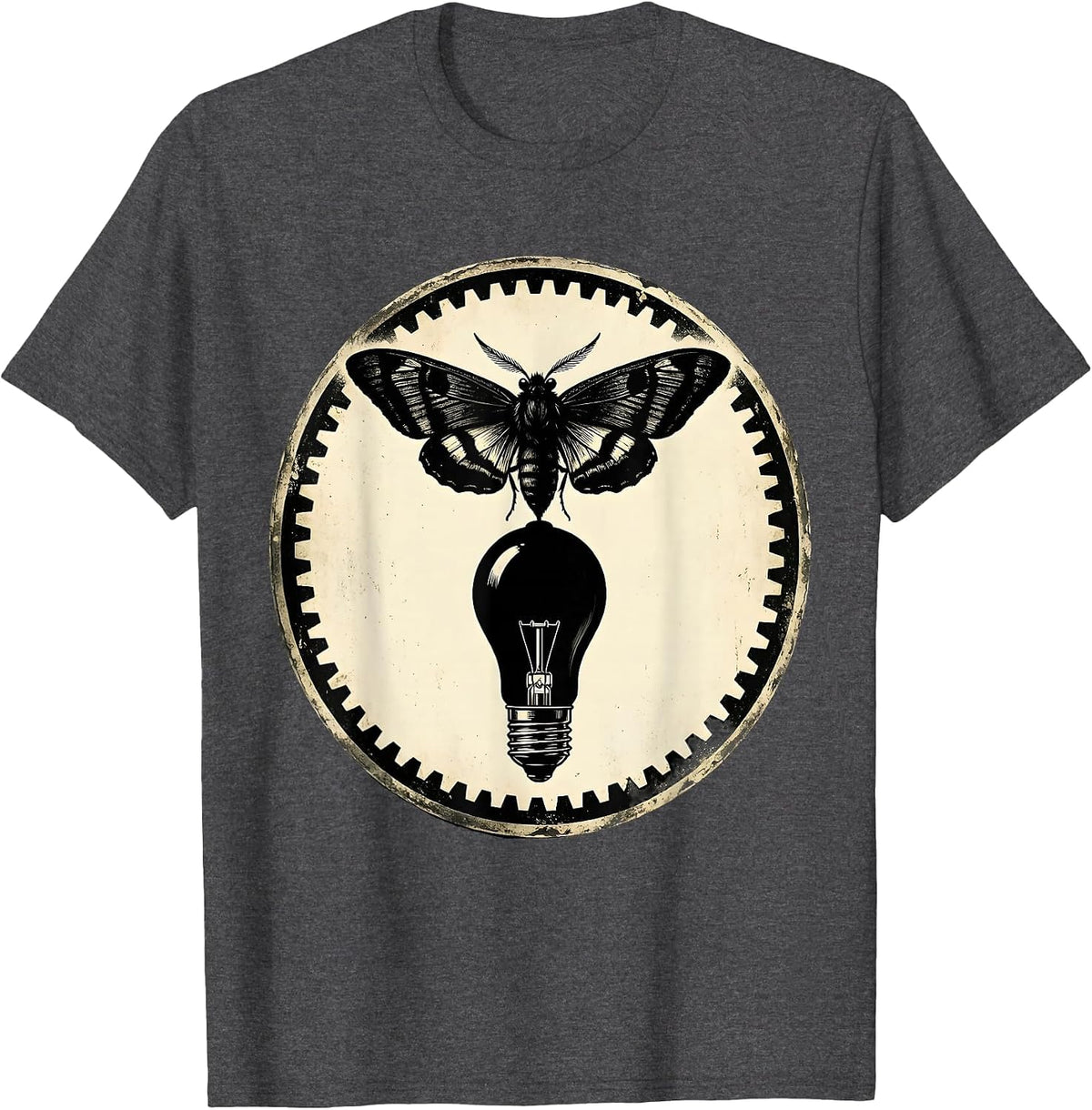 Vintage Rock Moth and Vacuum Tube Illustration T-Shirt - Dark Heather Grey
