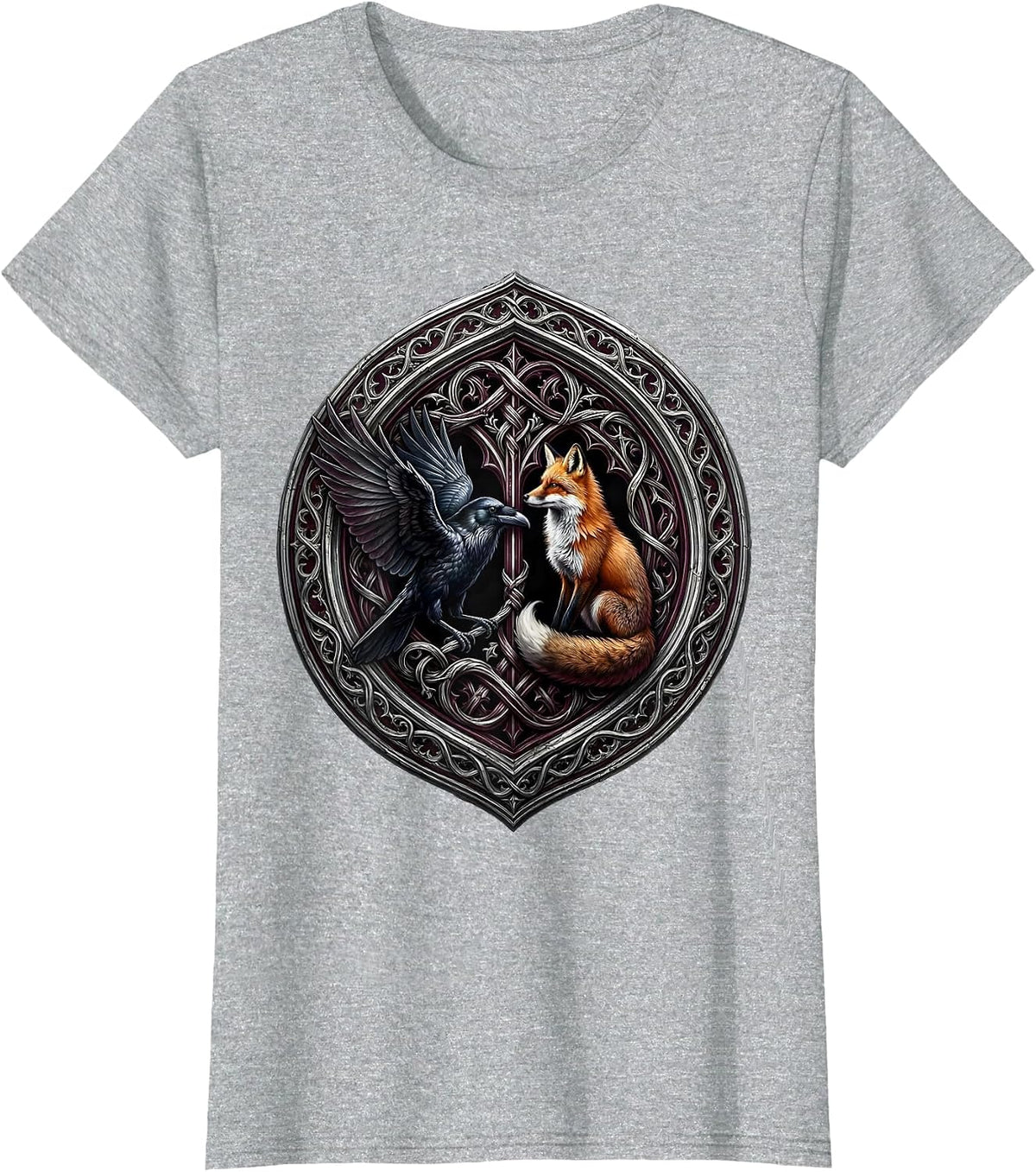 Crow and Fox Face Off Wildlife Art Design T-Shirt - Heather Grey