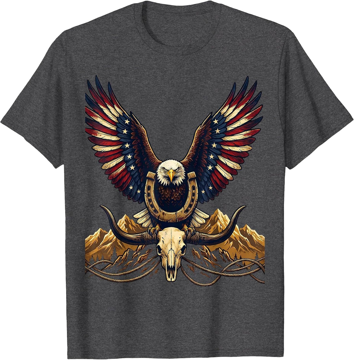 Men's Bald Eagle Soaring Over Mountains Red White Blue T-Shirt - Dark Heather Grey