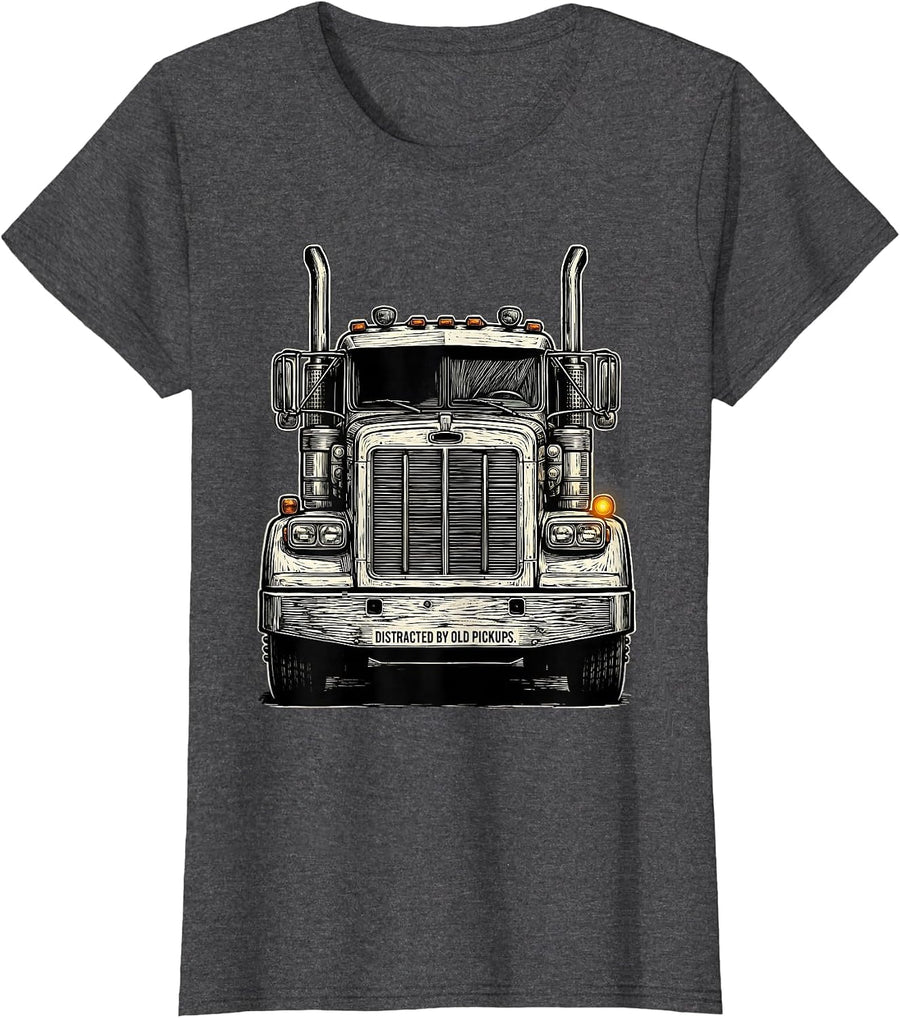 Women's Distracted By Old Pickups Funny Trucker Retro Semi Truck T-Shirt - Dark Heather Grey