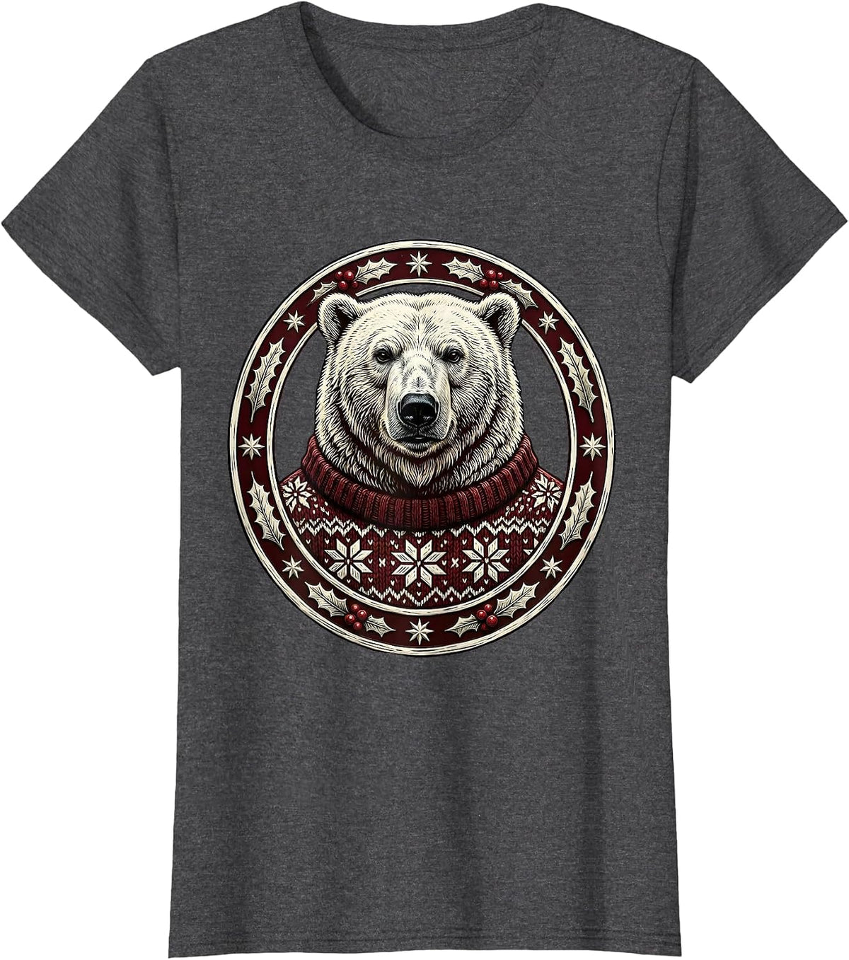 Women's Polar Bear Cozy Christmas Sweater Holiday Design T-Shirt - Dark Heather Grey