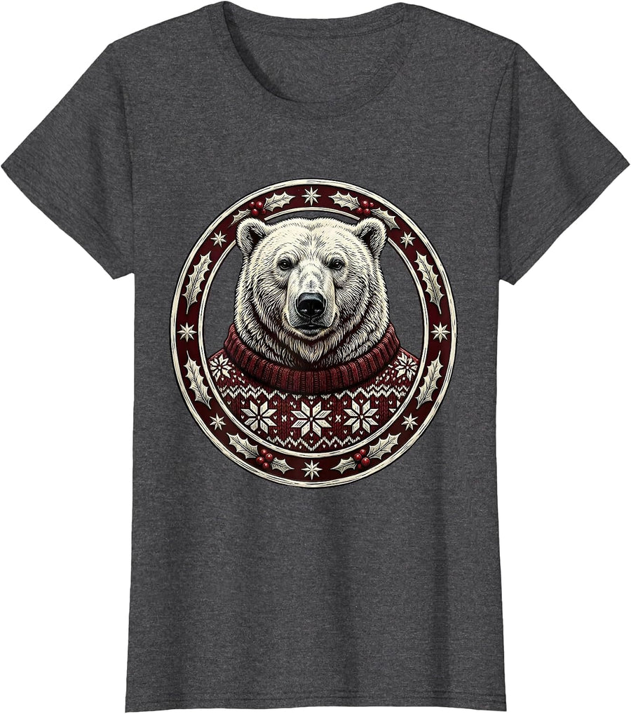 Women's Polar Bear Cozy Christmas Sweater Holiday Design T-Shirt - Dark Heather Grey