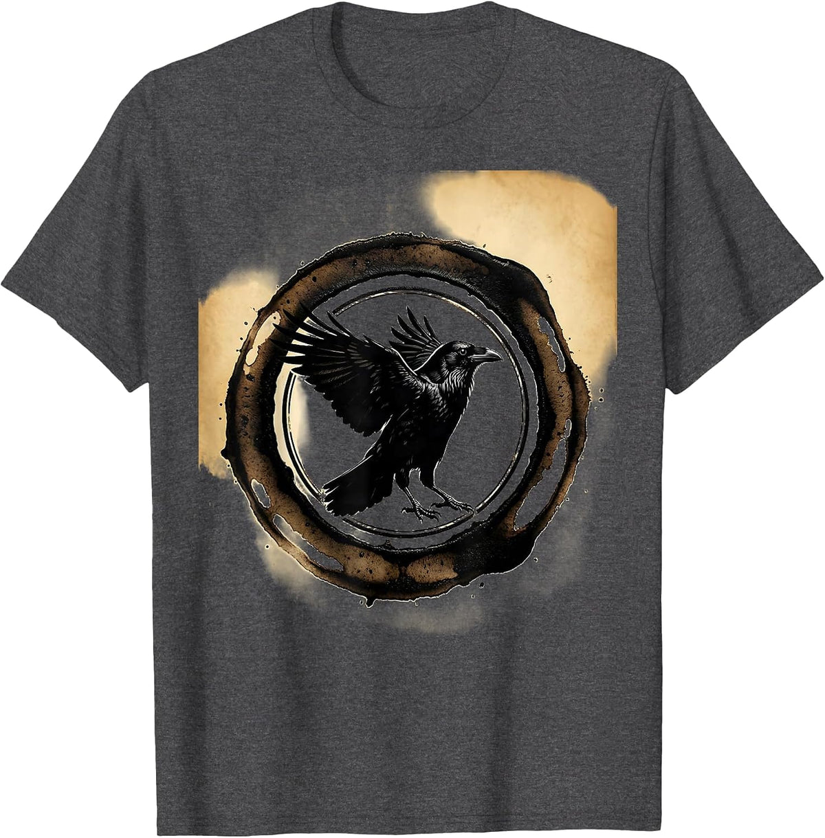 Crow Silhouette Coffee Ring Stain Graphic T-Shirt - Dark Heather Grey