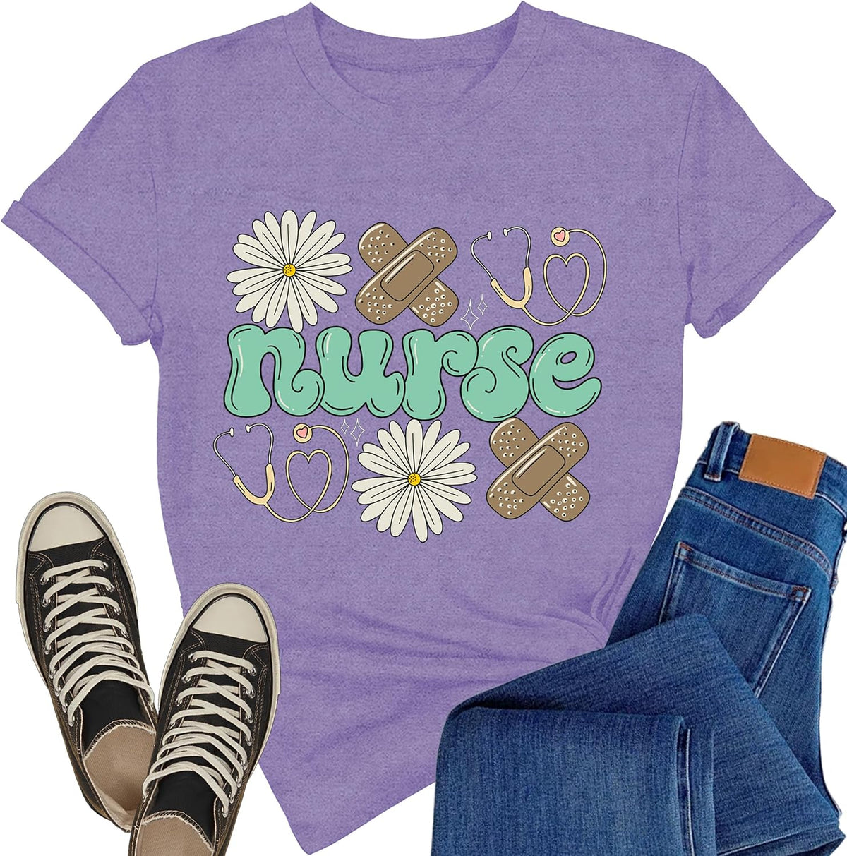 Nurse Shirts for Women Nursing Life T-Shirt Nurse Week Floral Top - Purple