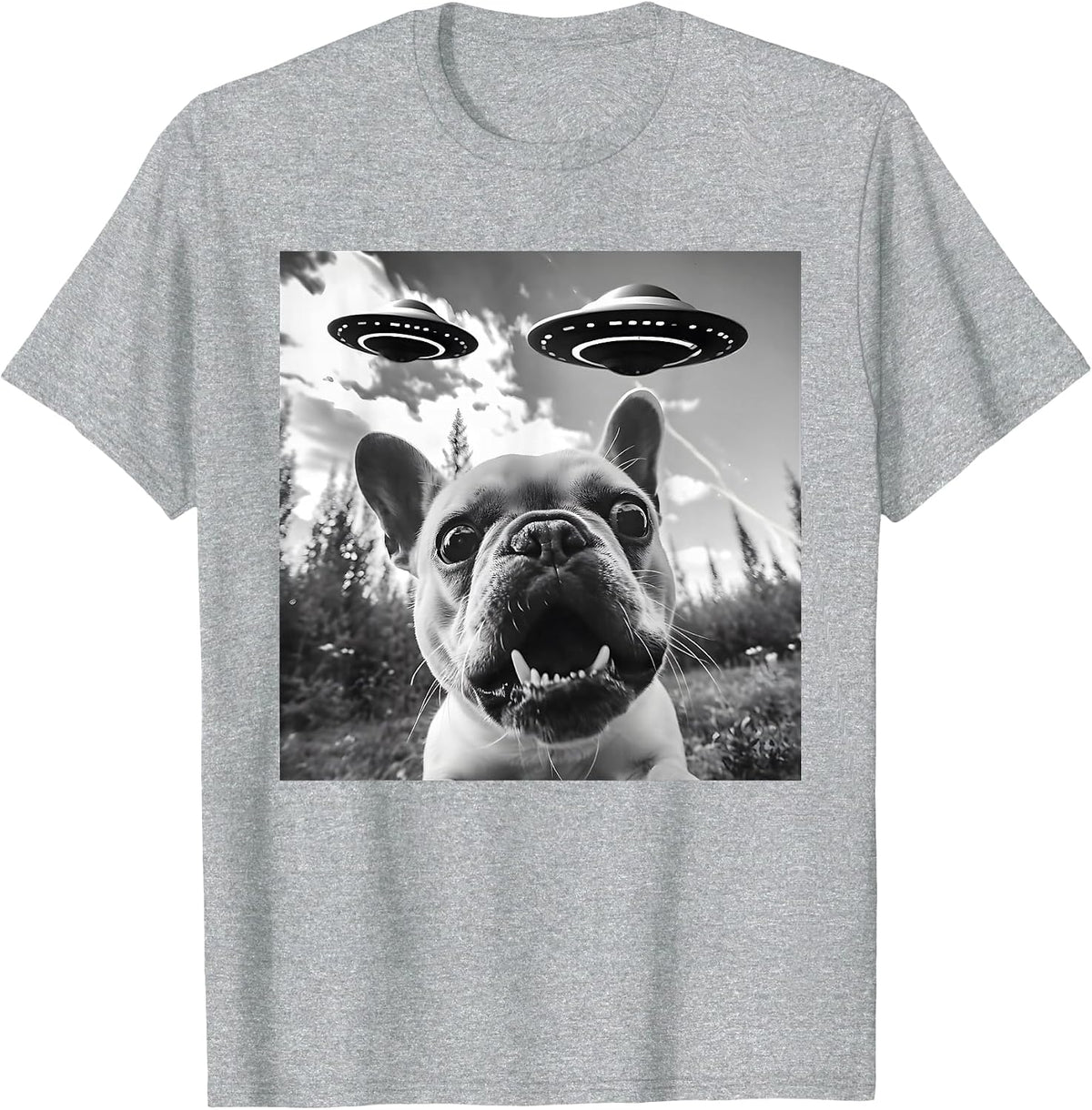 Funny French Bulldog Selfie with UFO Men Graphic T-Shirt - Heather Grey