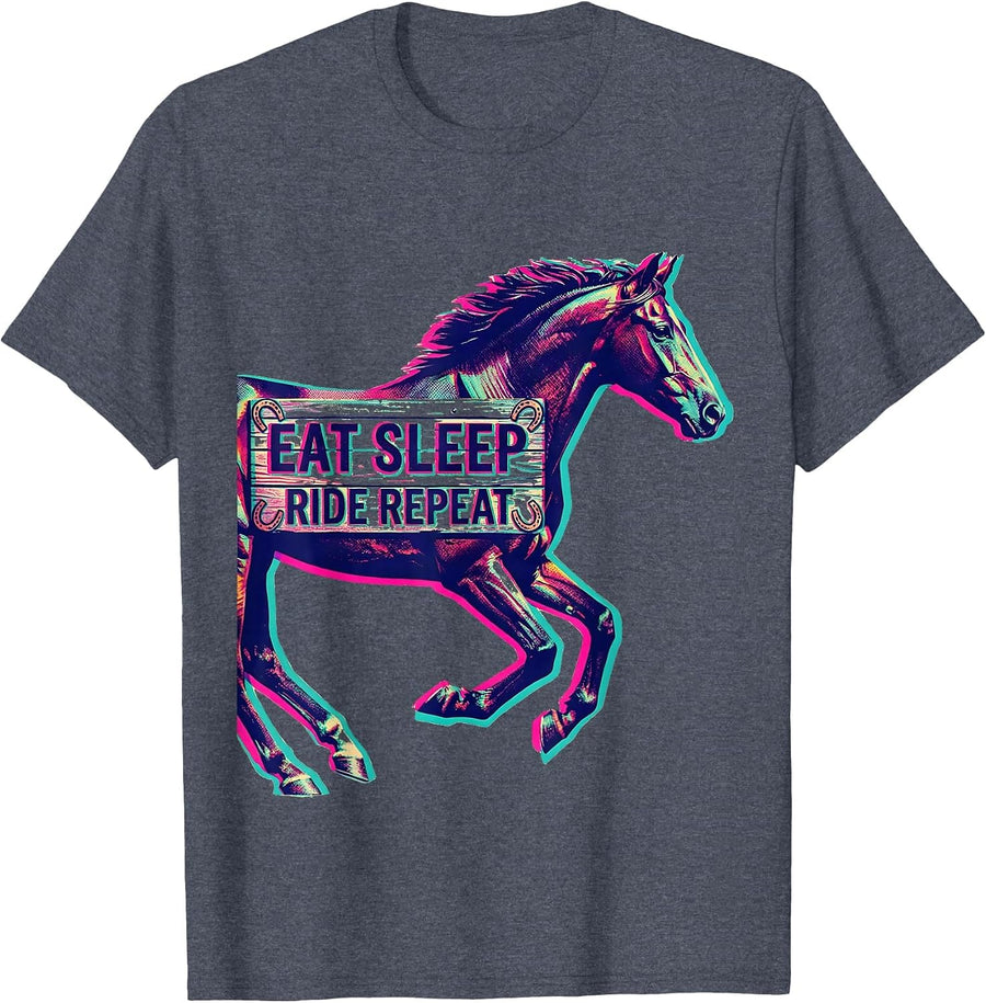 Eat Sleep Ride Repeat Equestrian Design T-Shirt - Heather Blue