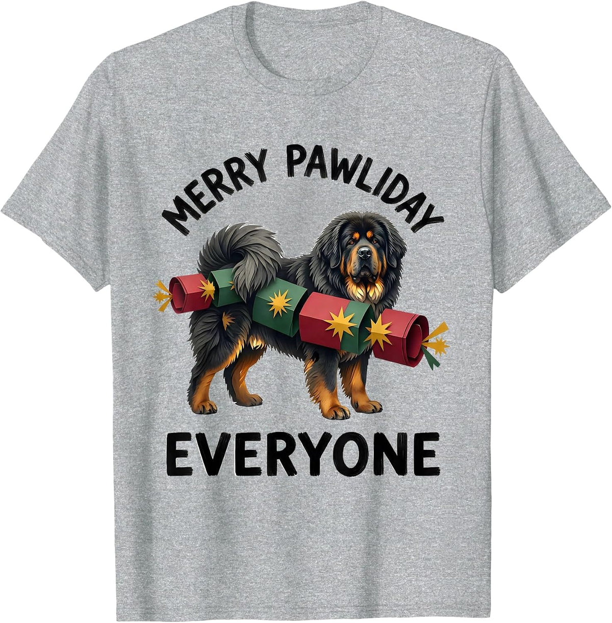Men's Merry Pawliday, Everyone Funny Tibetan Mastiff Christmas Dog T-Shirt - Heather Grey