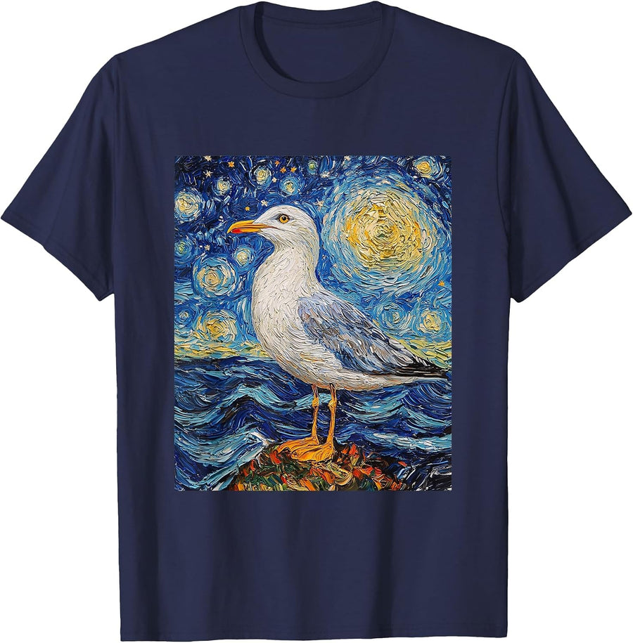 Gull Seagull Bird Graphic Van Gogh Style Starry Night T-Shirt - Navy Blue