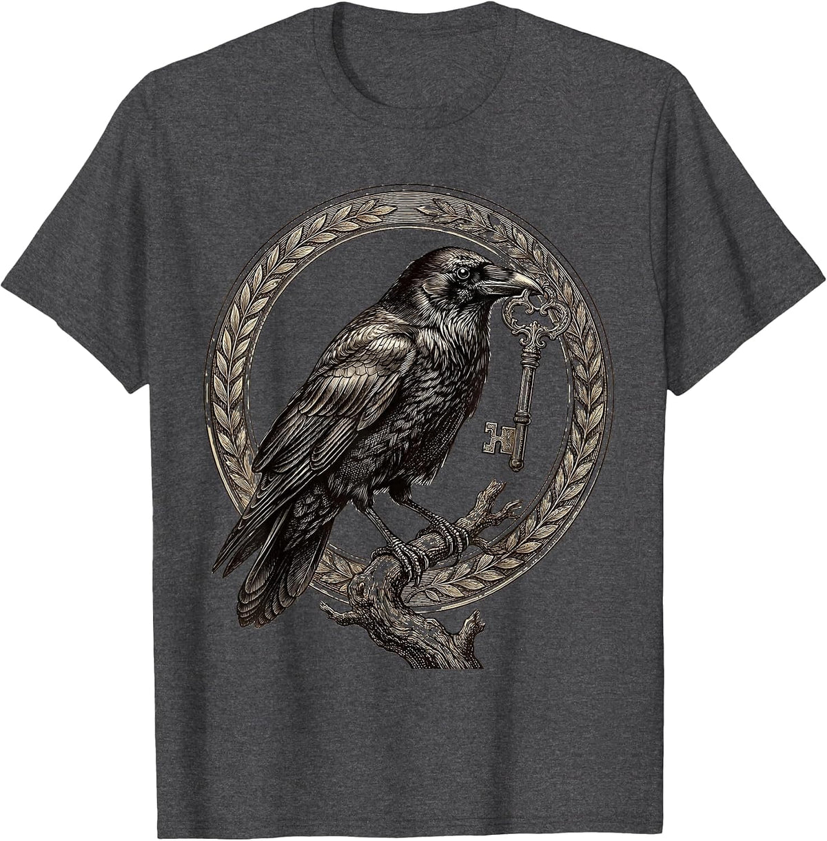 Crow With Shiny Key Illustration Design T-Shirt - Dark Heather Grey
