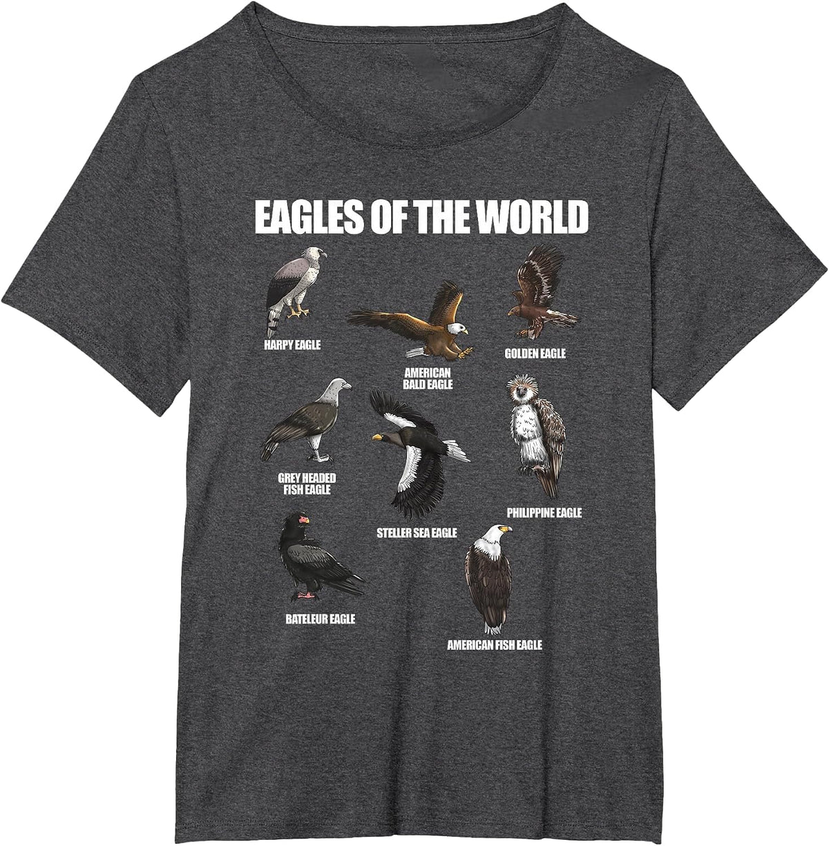 Eagles of The World Educational Large Bird Animal T-Shirt - Dark Heather Grey