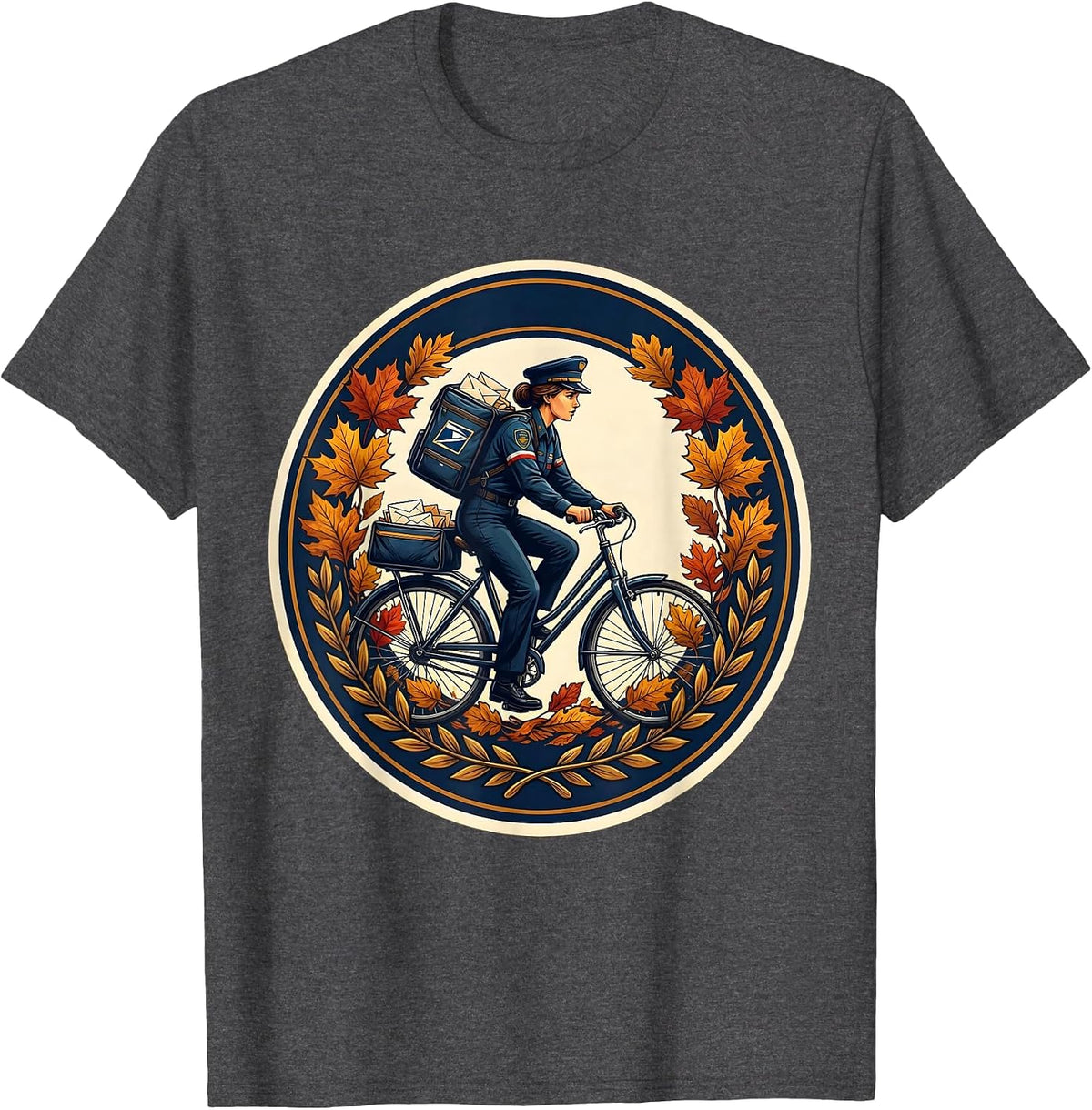 Mail Carrier Biking Through Autumn Leaves Labor Day T-Shirt - Dark Heather Grey