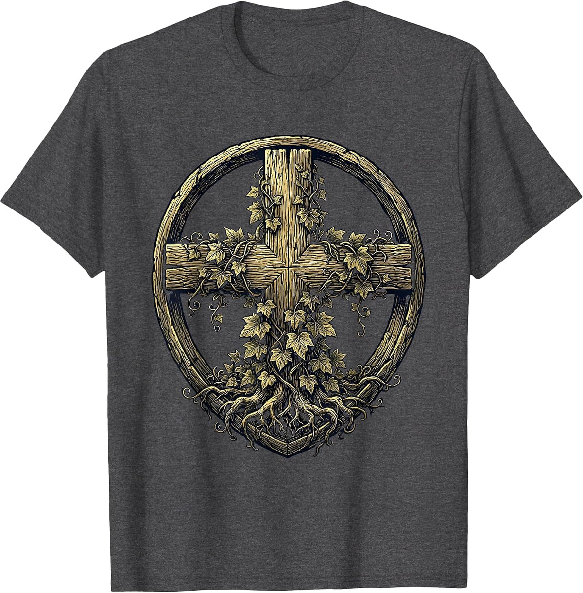 Rugged Cross with Climbing Ivy Vines Christian Design T-Shirt - Dark Heather Grey