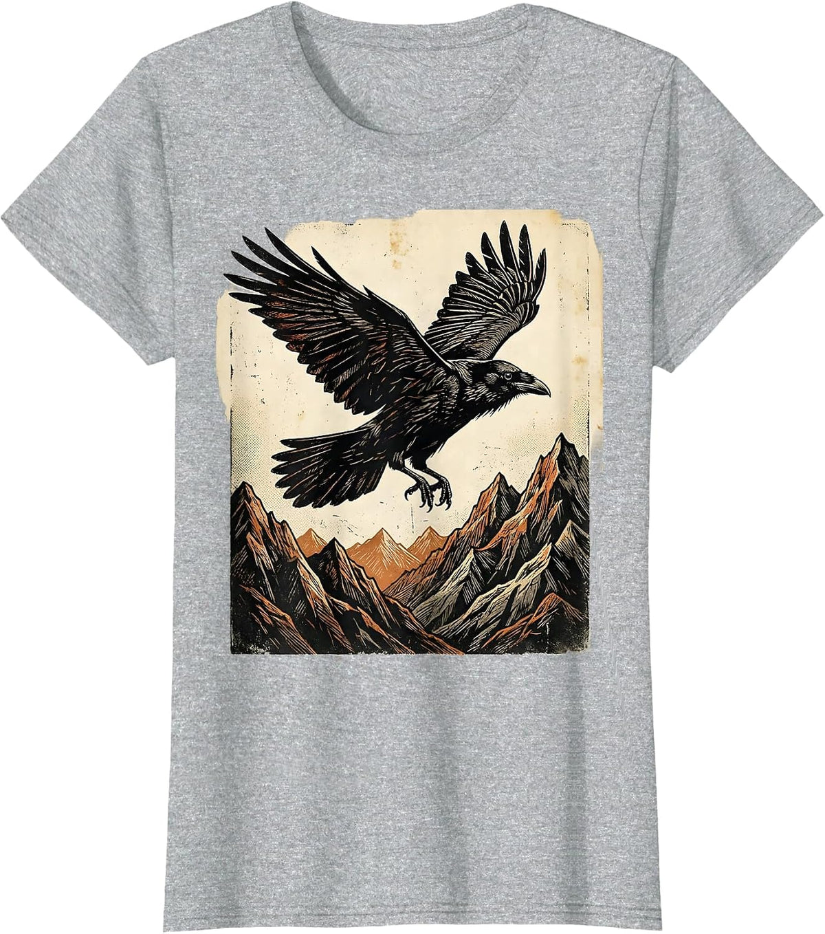Women's Crow Soaring Over Mountain Peaks Graphic T-Shirt - Heather Grey