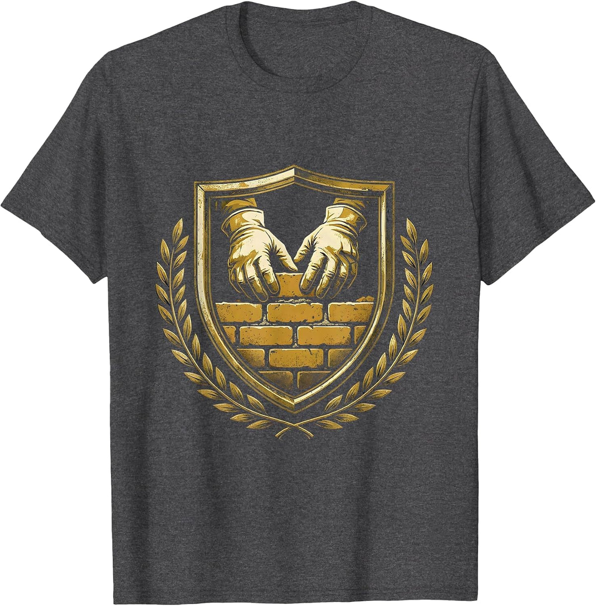 Men's Bricklayer Gloved Hands Laying Bricks Illustration T-Shirt - Dark Heather Grey