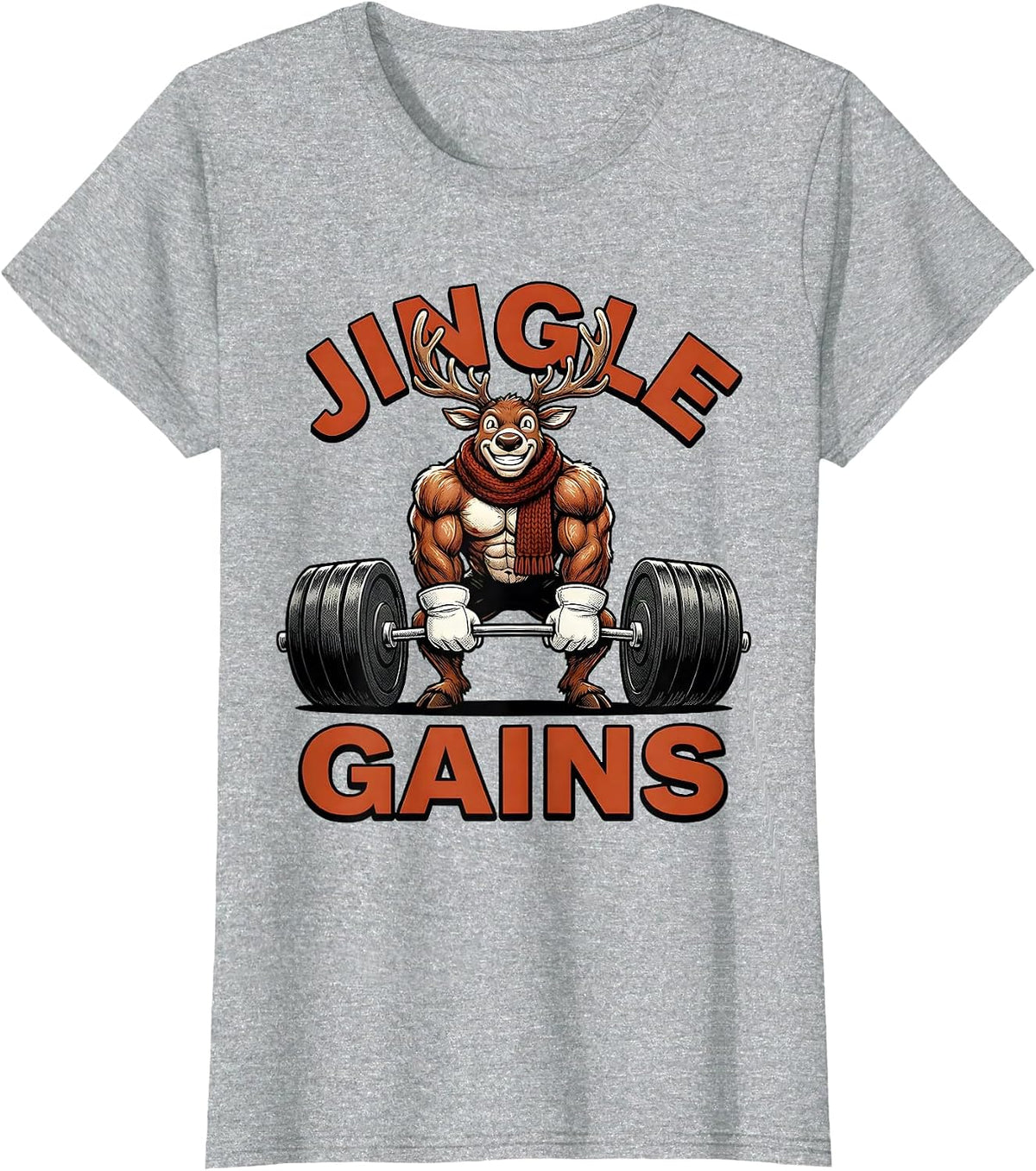 Jingle Gains Retro Cartoon Funny Christmas Gym Weightlifting T-Shirt - Heather Grey