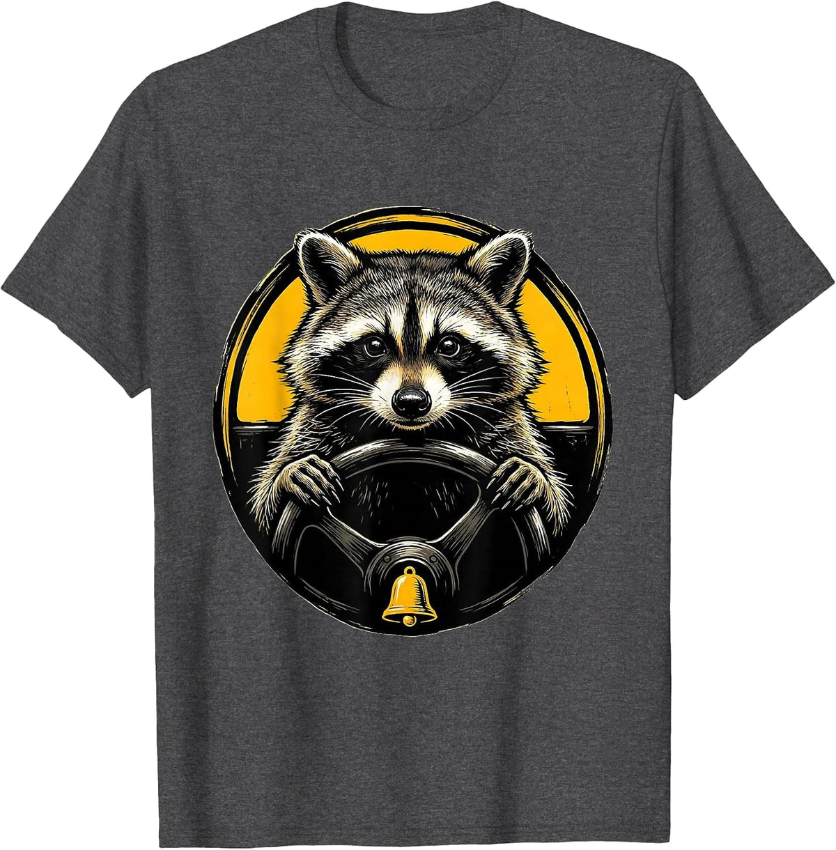Men's Raccoon School Bus Driver Linocut Funny Animal Meme T-Shirt - Dark Heather Grey