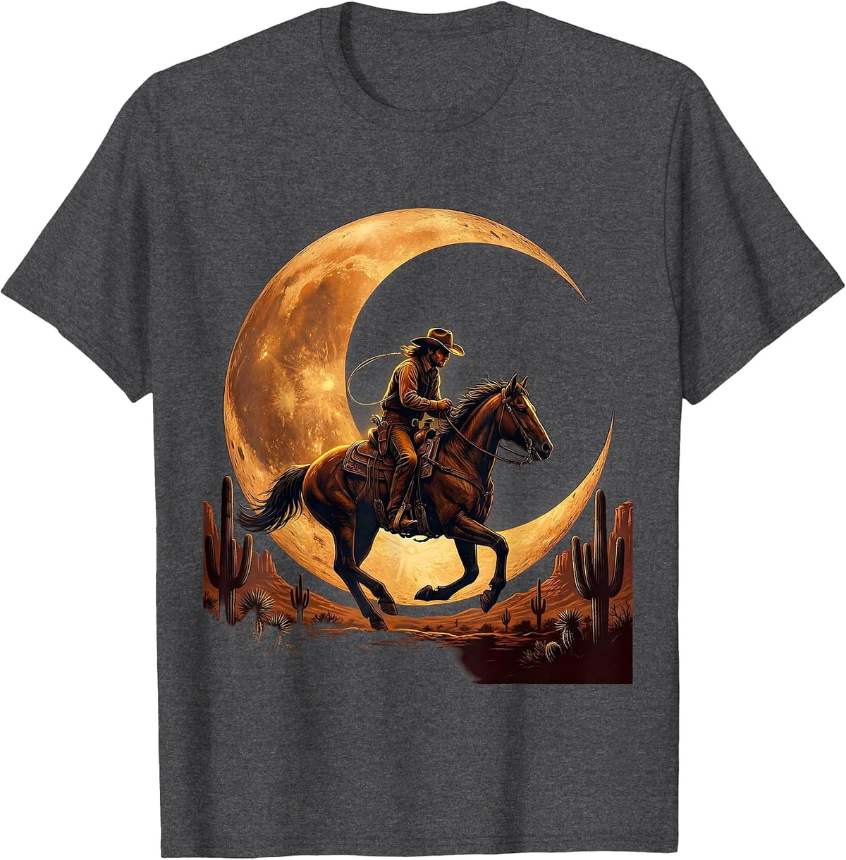 Cowboy Riding Silhouette Crescent Moon Design T-Shirt - Dark Heather Grey