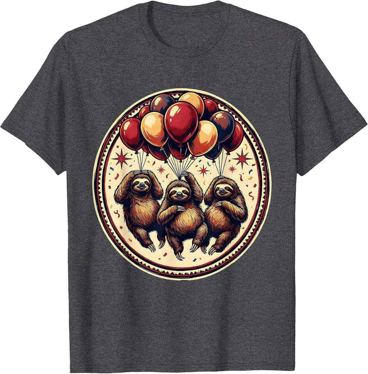 Birthday Squad Sloths Floating With Balloons T-Shirt - Dark Heather Grey