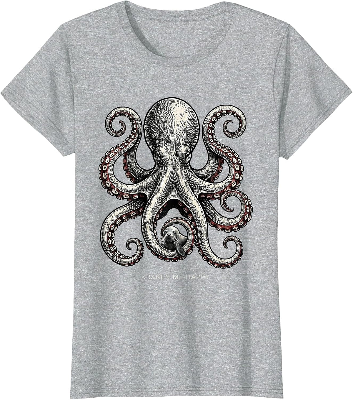 Kraken Me Happy Vintage Kraken Octopus Japanese Aesthetic T-Shirt - Heather Grey