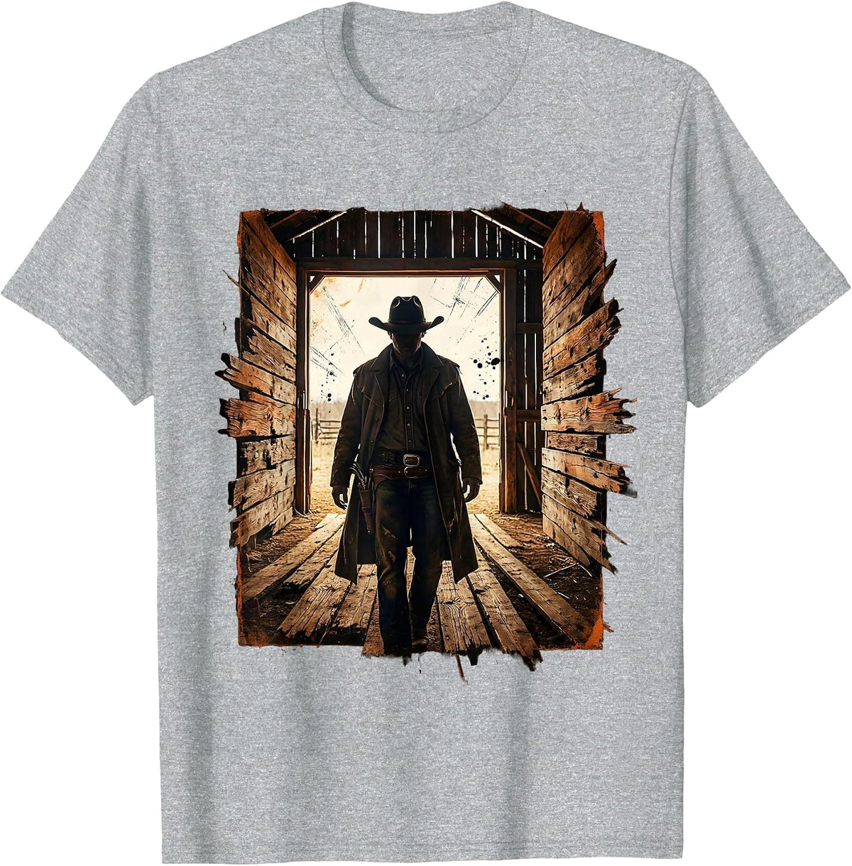 Men's Cowboy Standing in Barn Doorway Illustration T-Shirt - Heather Grey