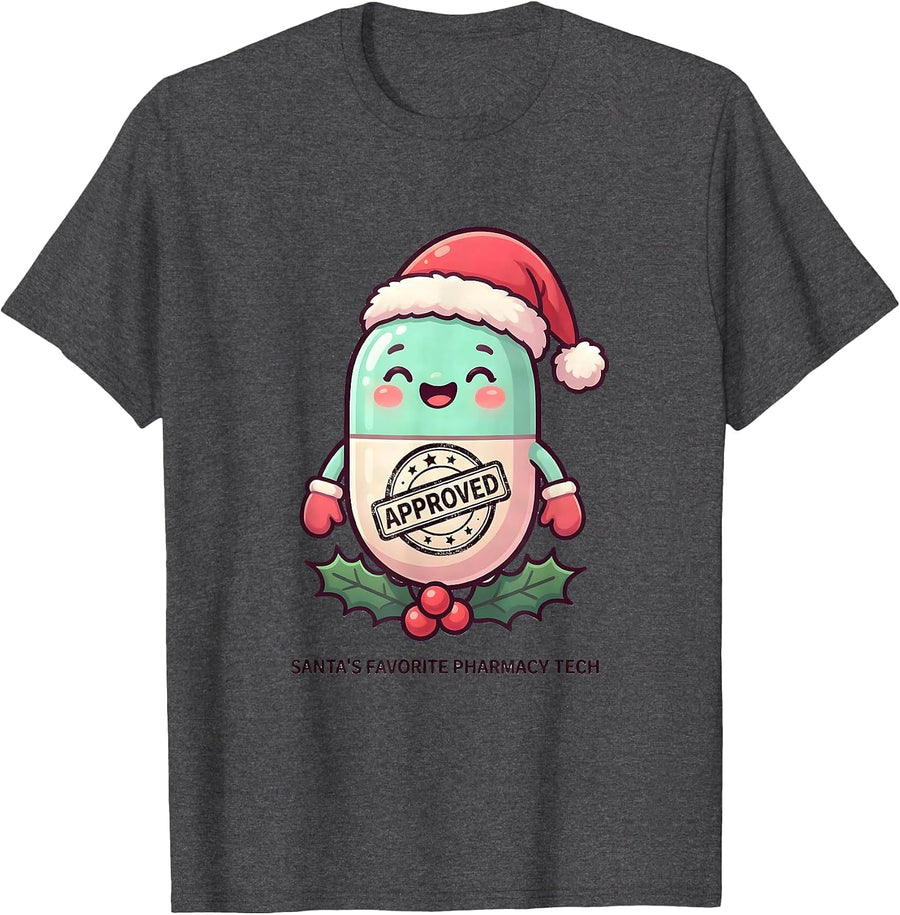 Men's Santa's Favorite Pharmacy Tech Cute Kawaii Christmas T-Shirt - Dark Heather Grey