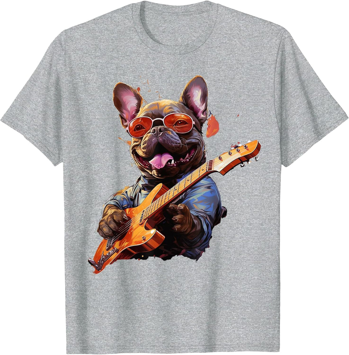 Funny Rock French Bulldog Playing Guitar T-Shirt - Heather Grey