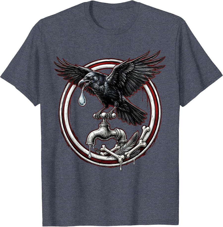 Crow Drinking From a Dripping Faucet Graphic T-Shirt - Heather Blue