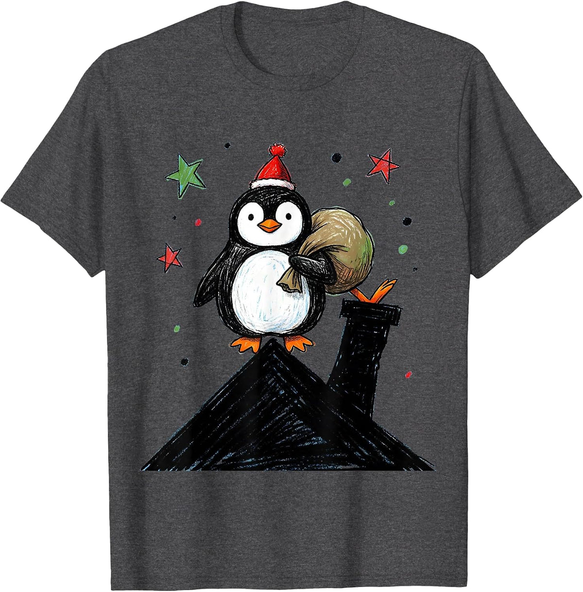 Men's Wobbly Penguin Naive Kidcore Funny Christmas T-Shirt - Dark Heather Grey