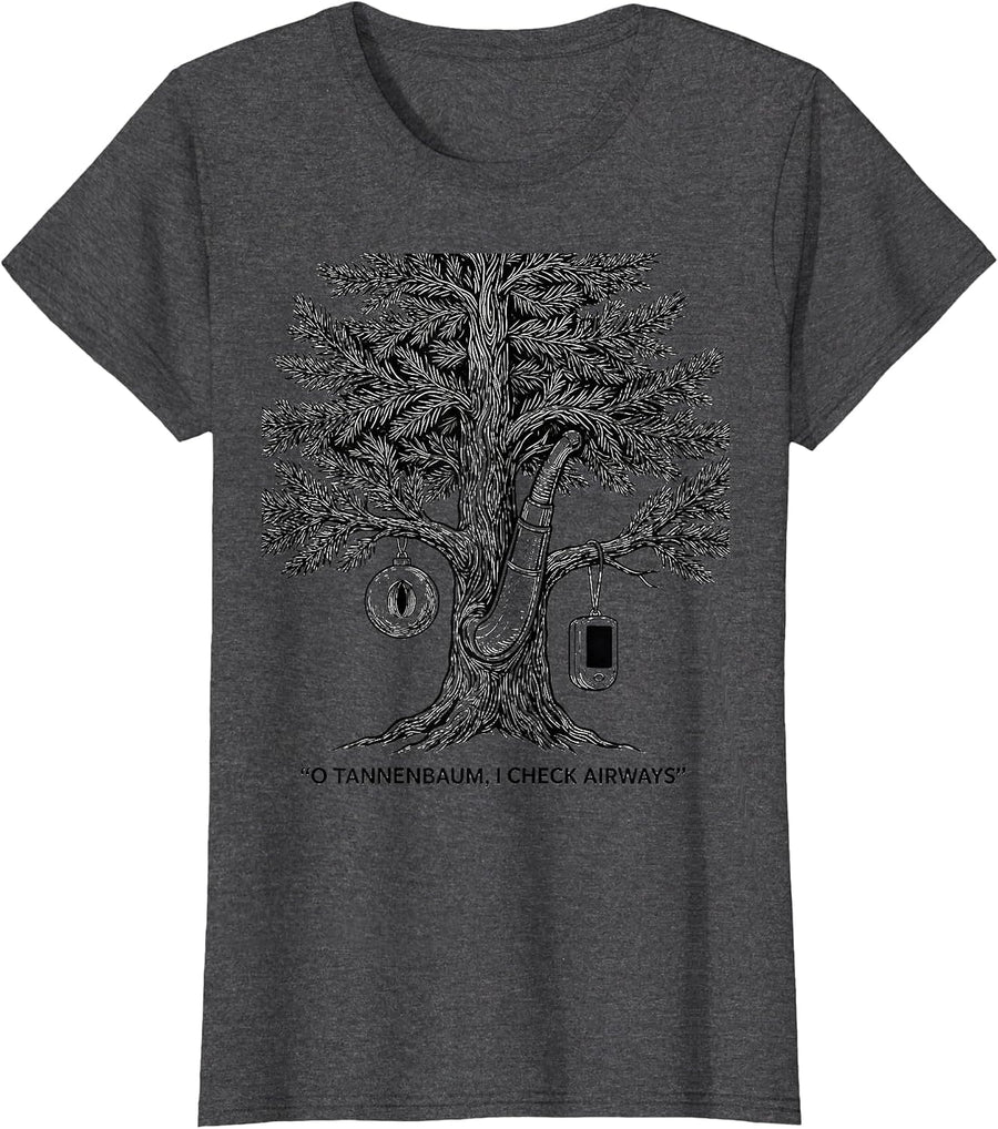 Women's O Tannenbaum I Check Airways Funny Respiratory Therapist T-Shirt - Dark Heather Grey