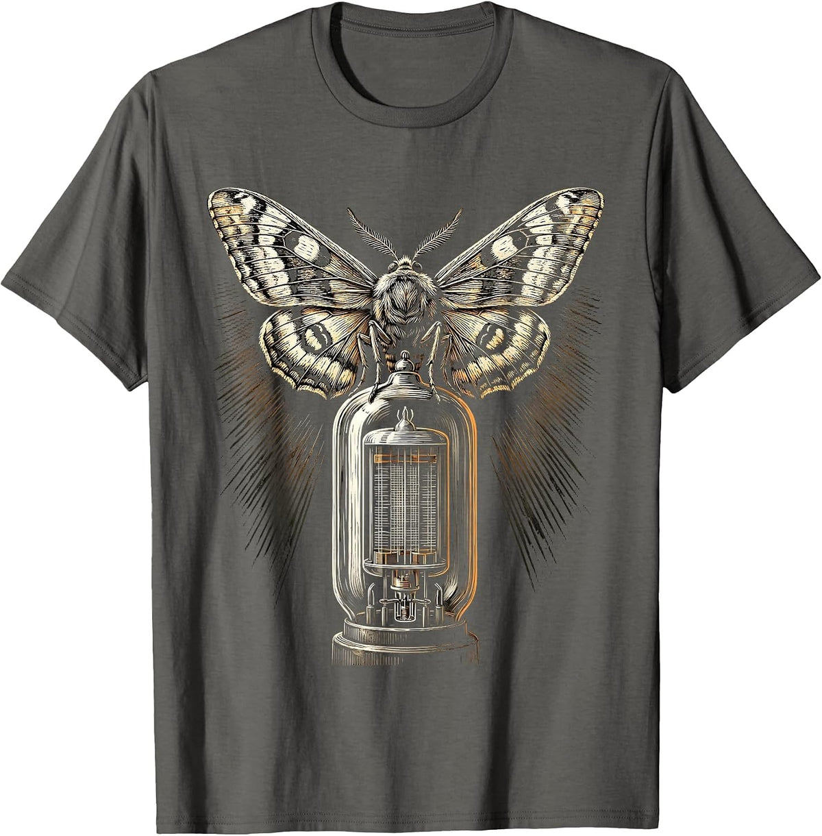 Moth and Vintage Vacuum Tube Rock Art Graphic T-Shirt - Asphalt Grey
