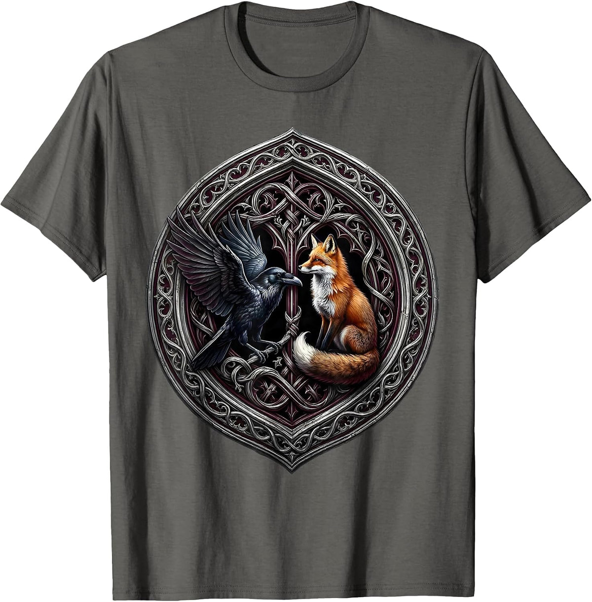 Crow and Fox Face Off Wildlife Art Design T-Shirt - Asphalt Grey