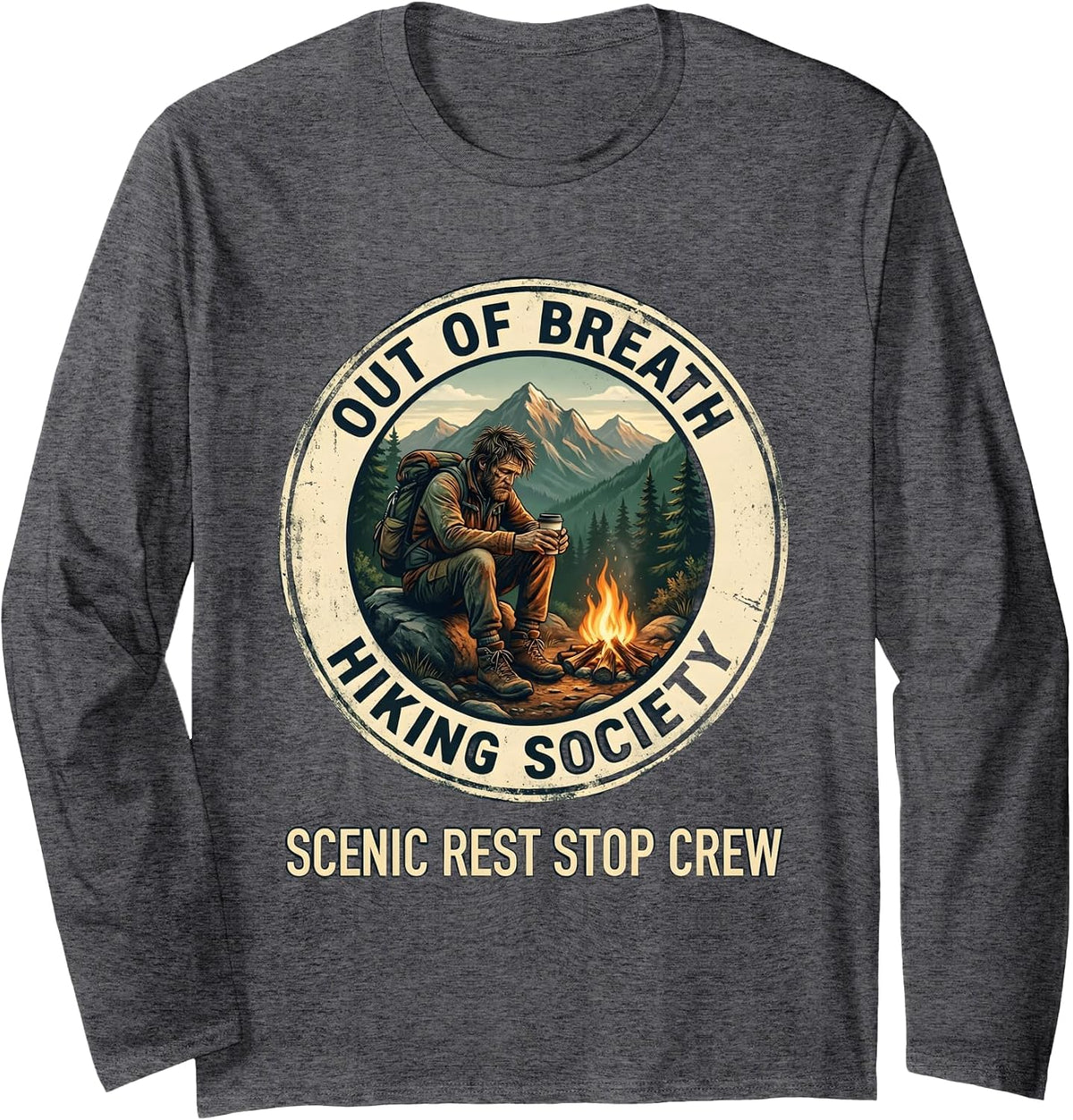 Out Of Breath Hiking Society Scenic Rest Stop Crew Long Sleeve T-Shirt - Adult Unisex Dark Heather Grey