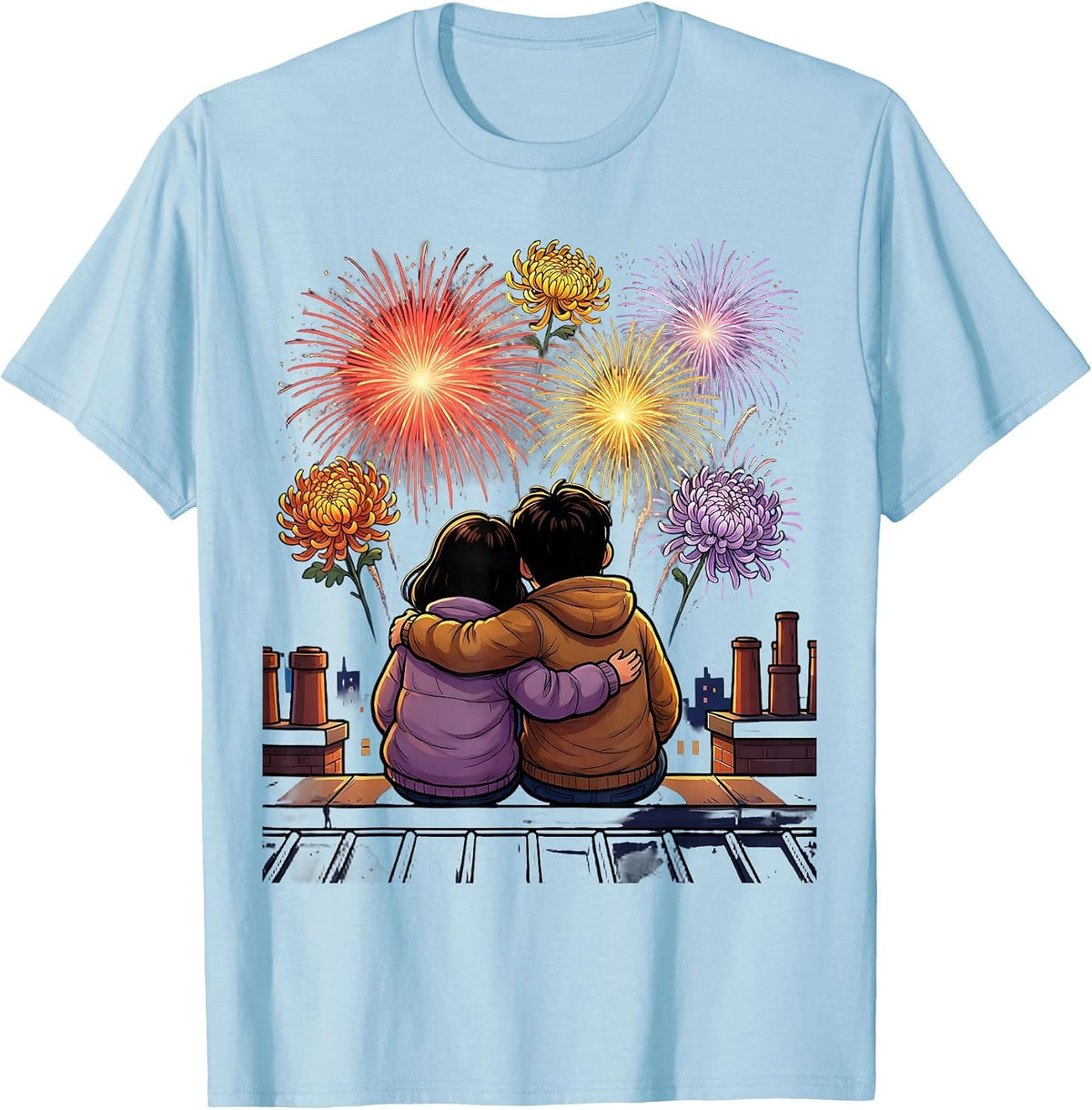 Rooftop Fireworks Couple Romantic Love Design T-Shirt - Baby Blue