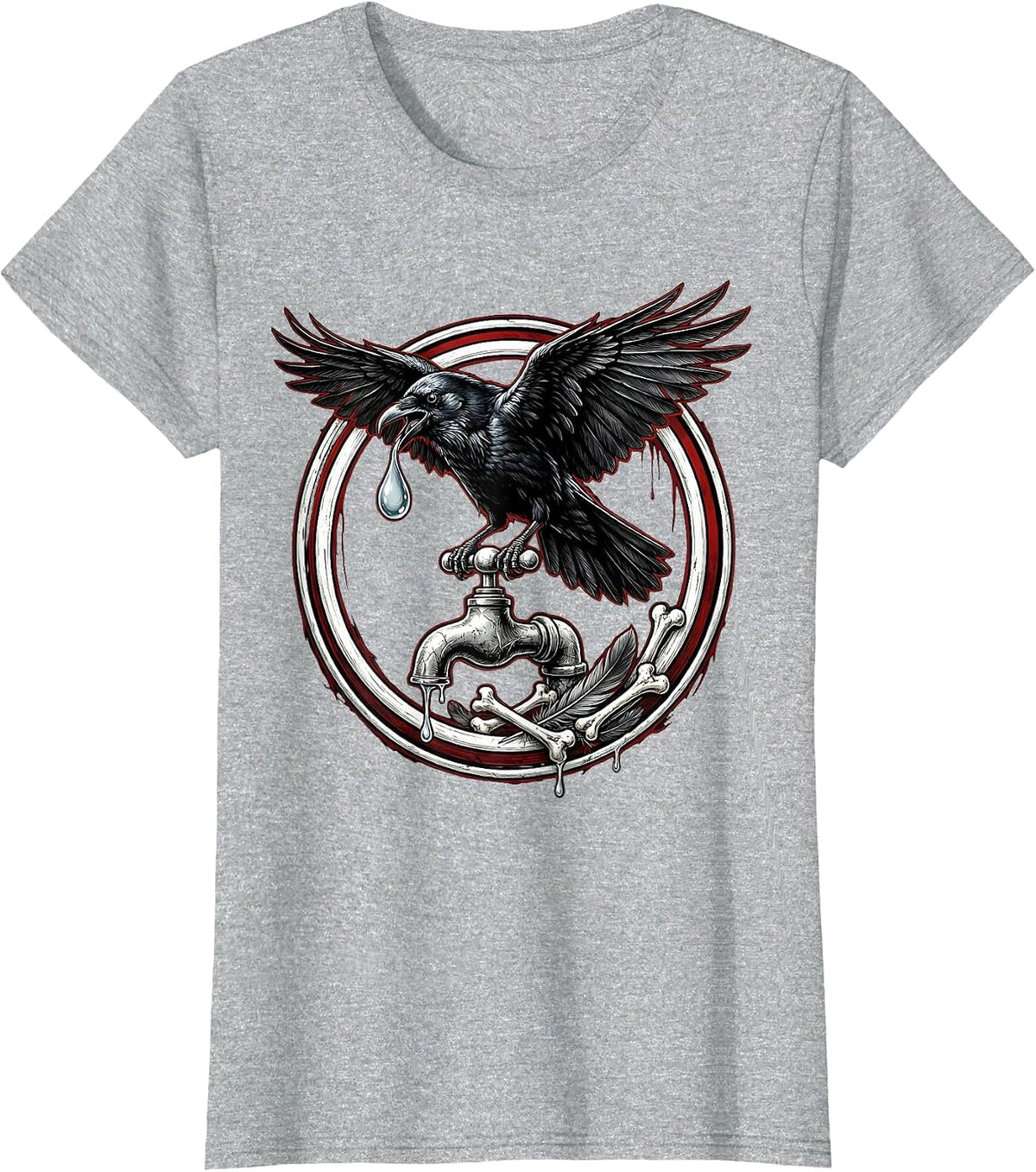 Crow Drinking From a Dripping Faucet Graphic T-Shirt - Heather Grey