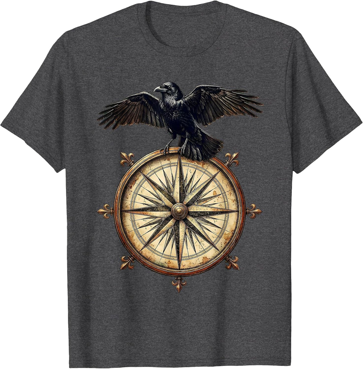 Crow Perched on Vintage Compass Rose T-Shirt - Dark Heather Grey