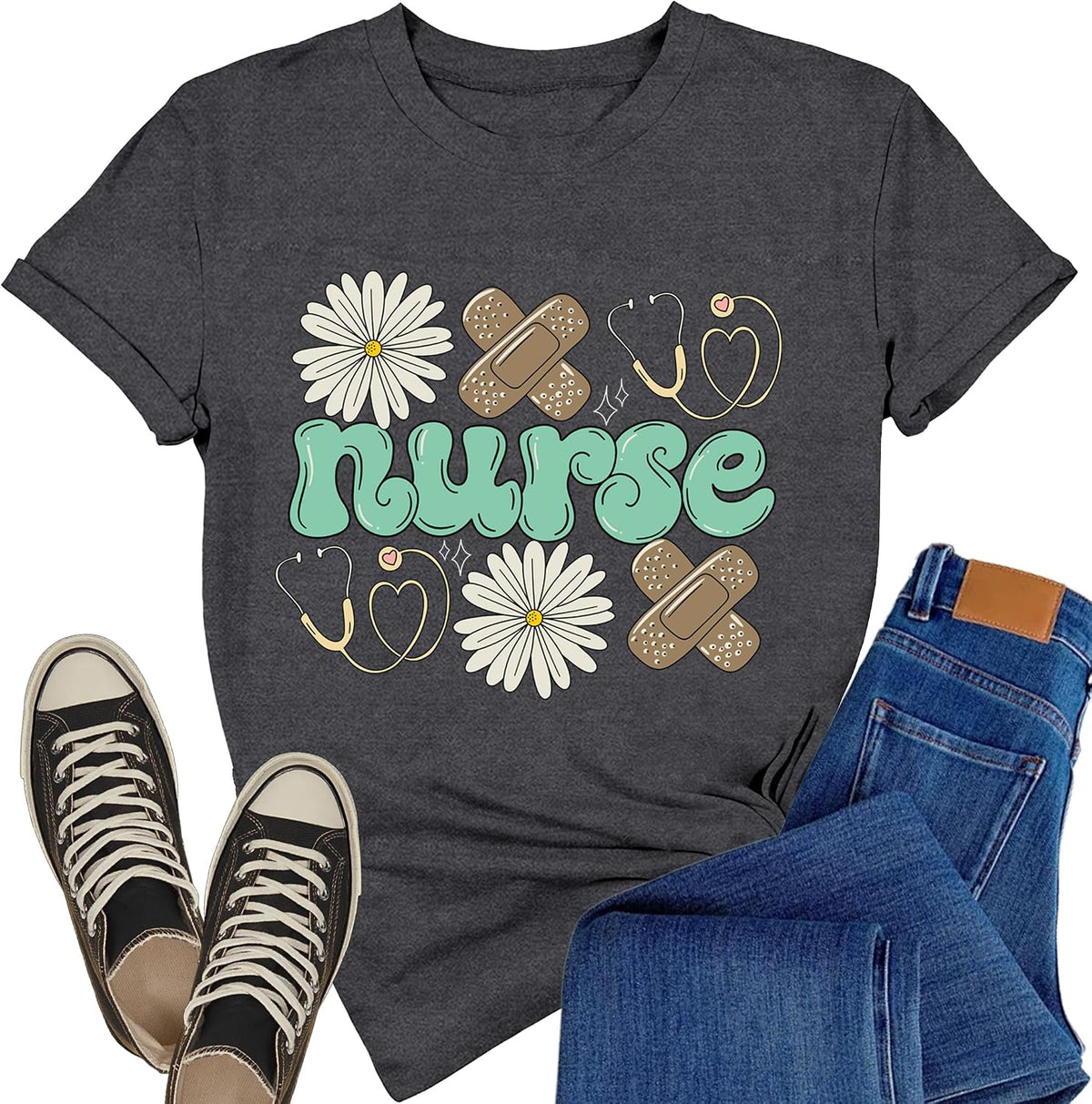 Nurse Shirts for Women Nursing Life T-Shirt Nurse Week Floral Top - Grey