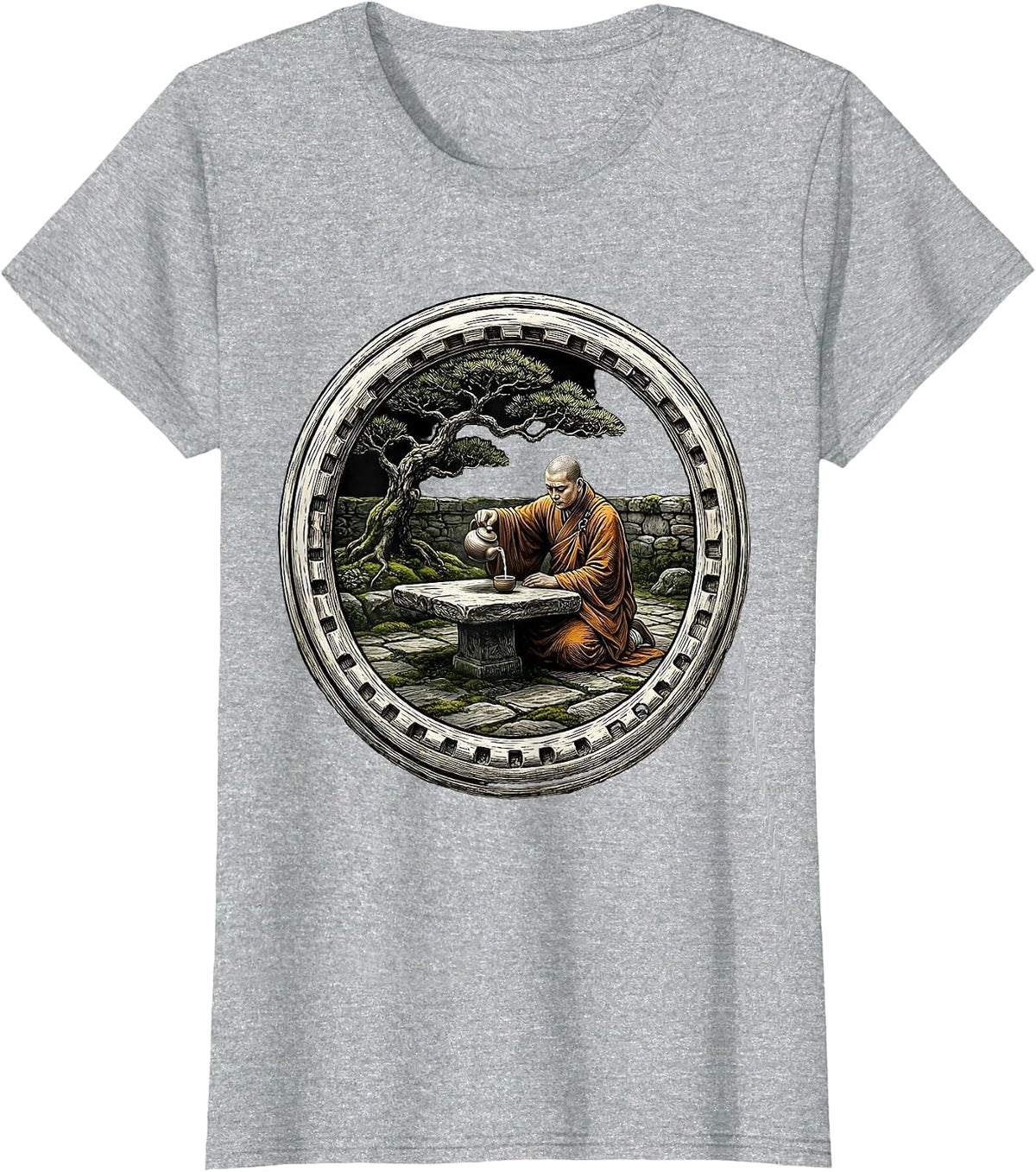 Monk Pouring Tea in Stone Courtyard Graphic T-Shirt - Heather Grey