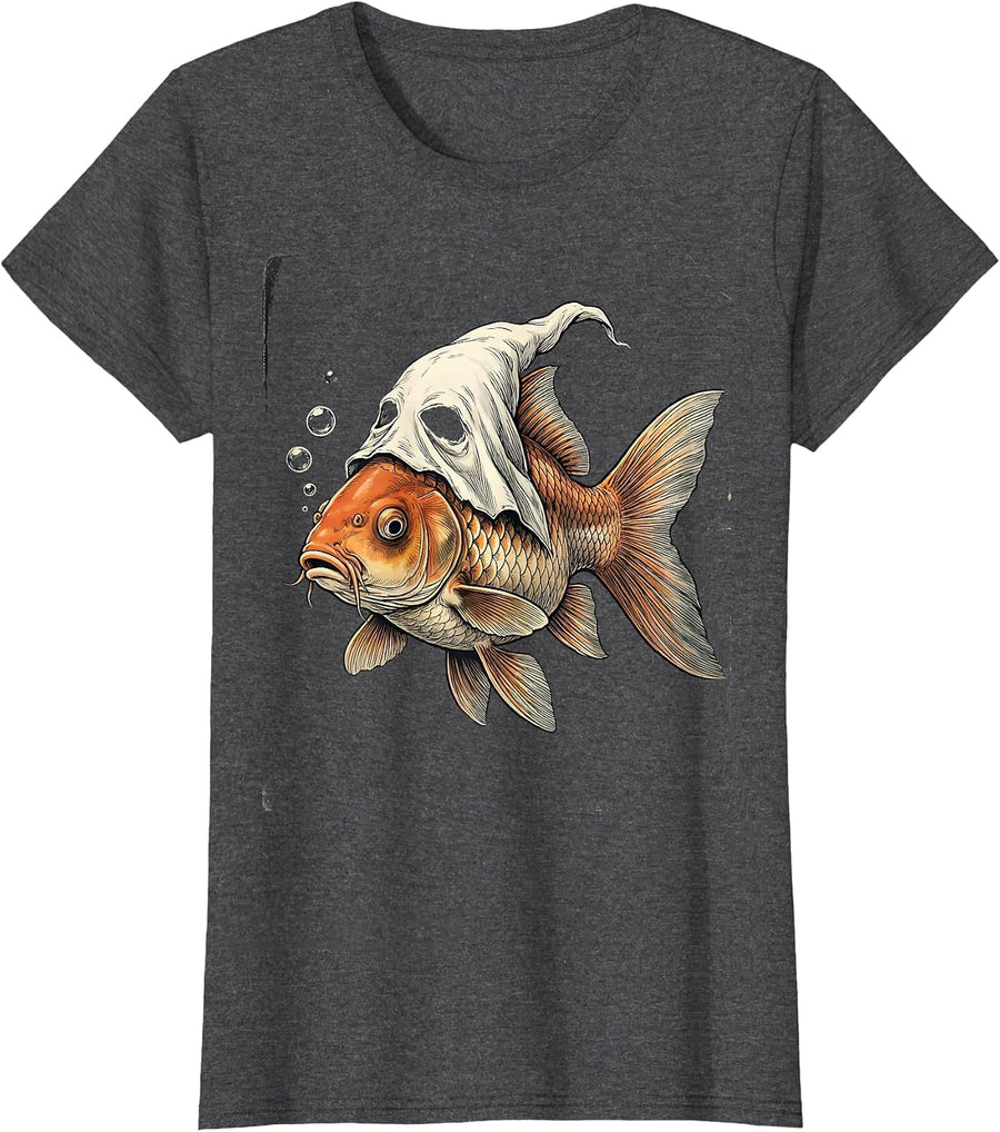 Women's Koi Fish Ghost Vintage Halloween Costume T-Shirt - Dark Heather Grey