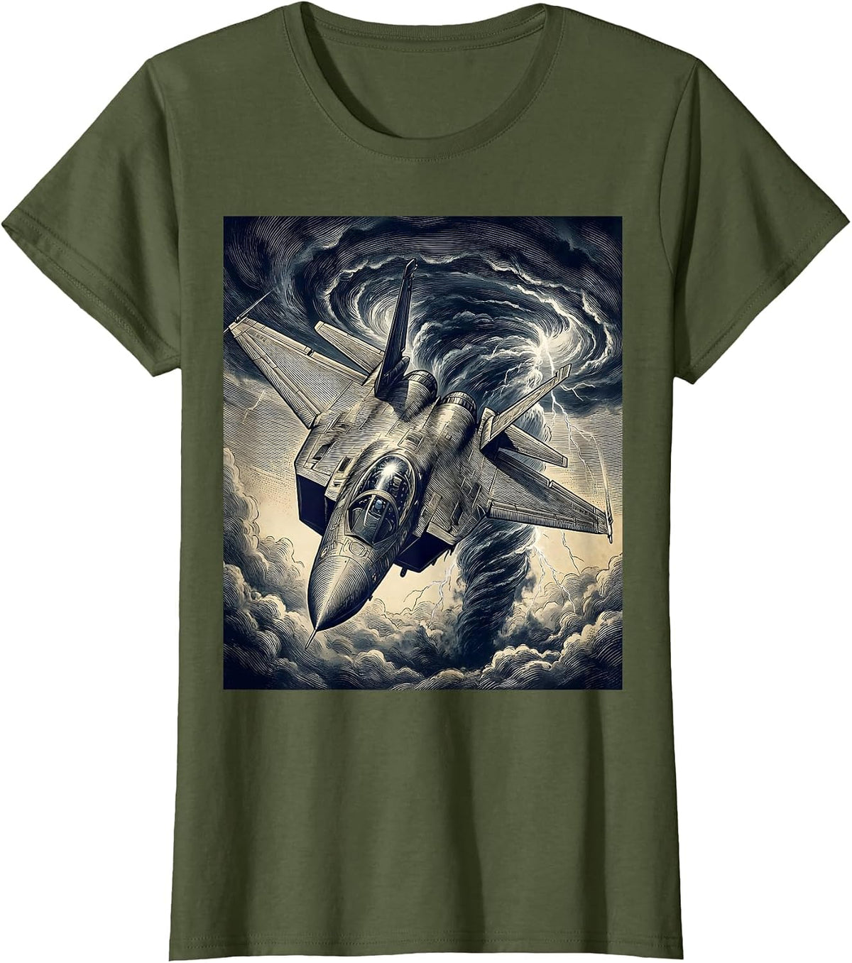 Women's Fighter Jet Diving Through Storm Clouds Design T-Shirt - Olive Green
