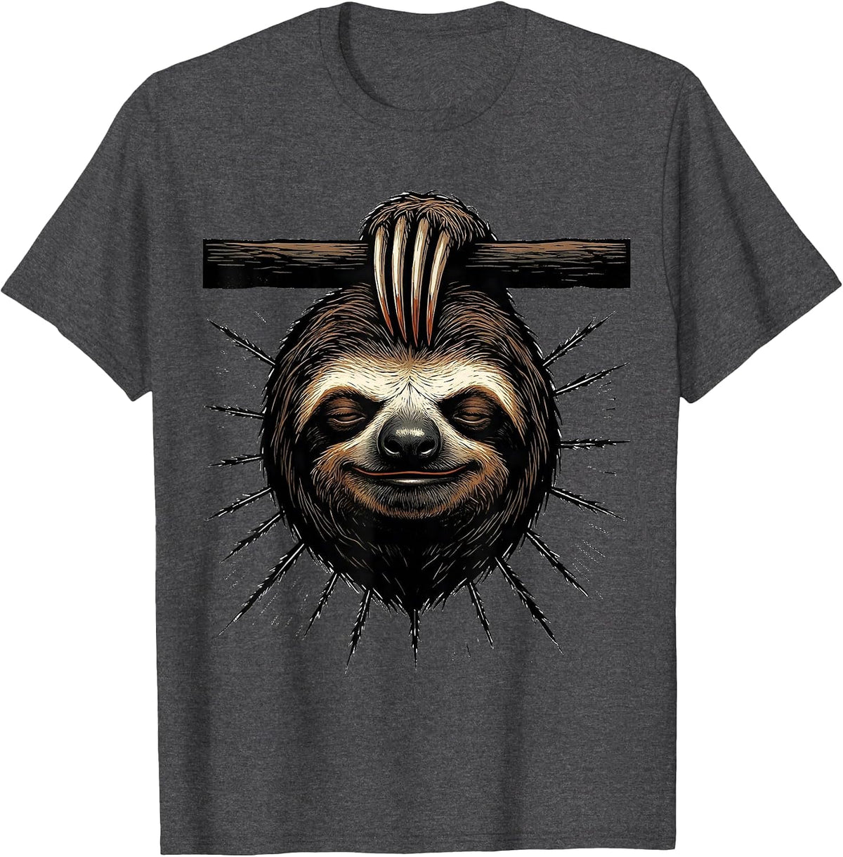 Men's Oversized Sloth Linocut Funny Animal Lover Humor T-Shirt - Dark Heather Grey