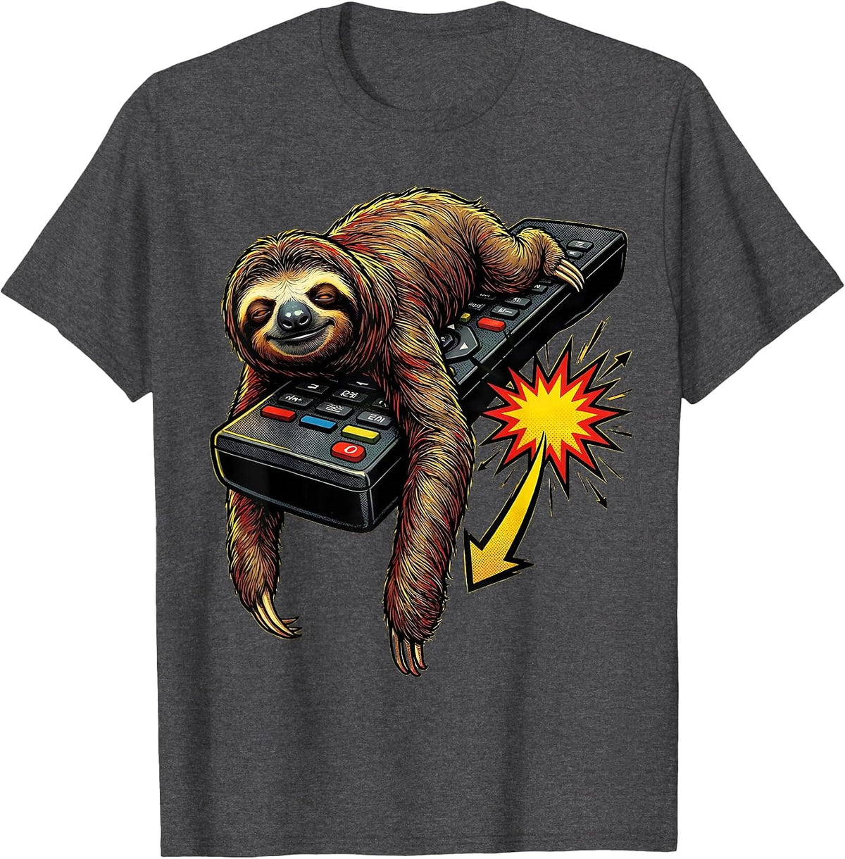 Sloth On Remote Pop Art Funny Animal Humor T-Shirt - Dark Heather Grey
