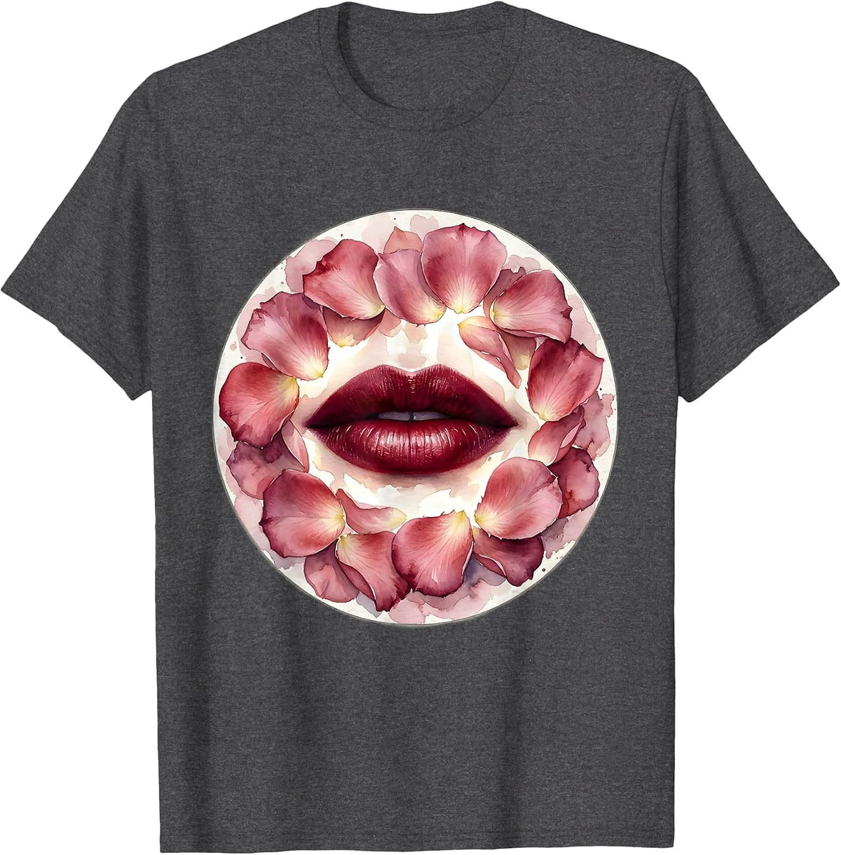 Men's Gigi Bold Red Lips and Rose Petals Graphic T-Shirt - Dark Heather Grey