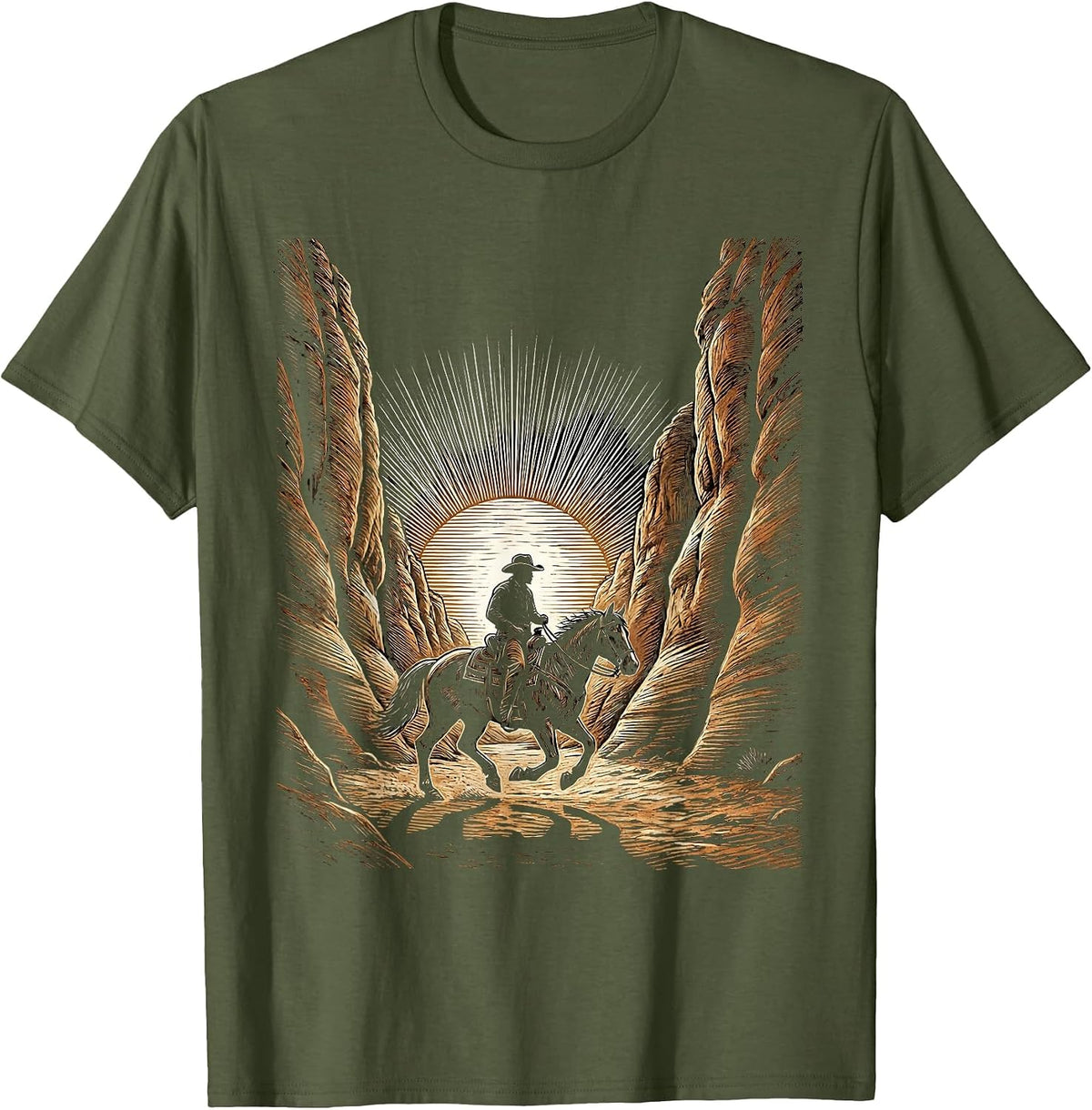 Cowboy Riding Horse Through Canyon at Dusk T-Shirt - Olive Green