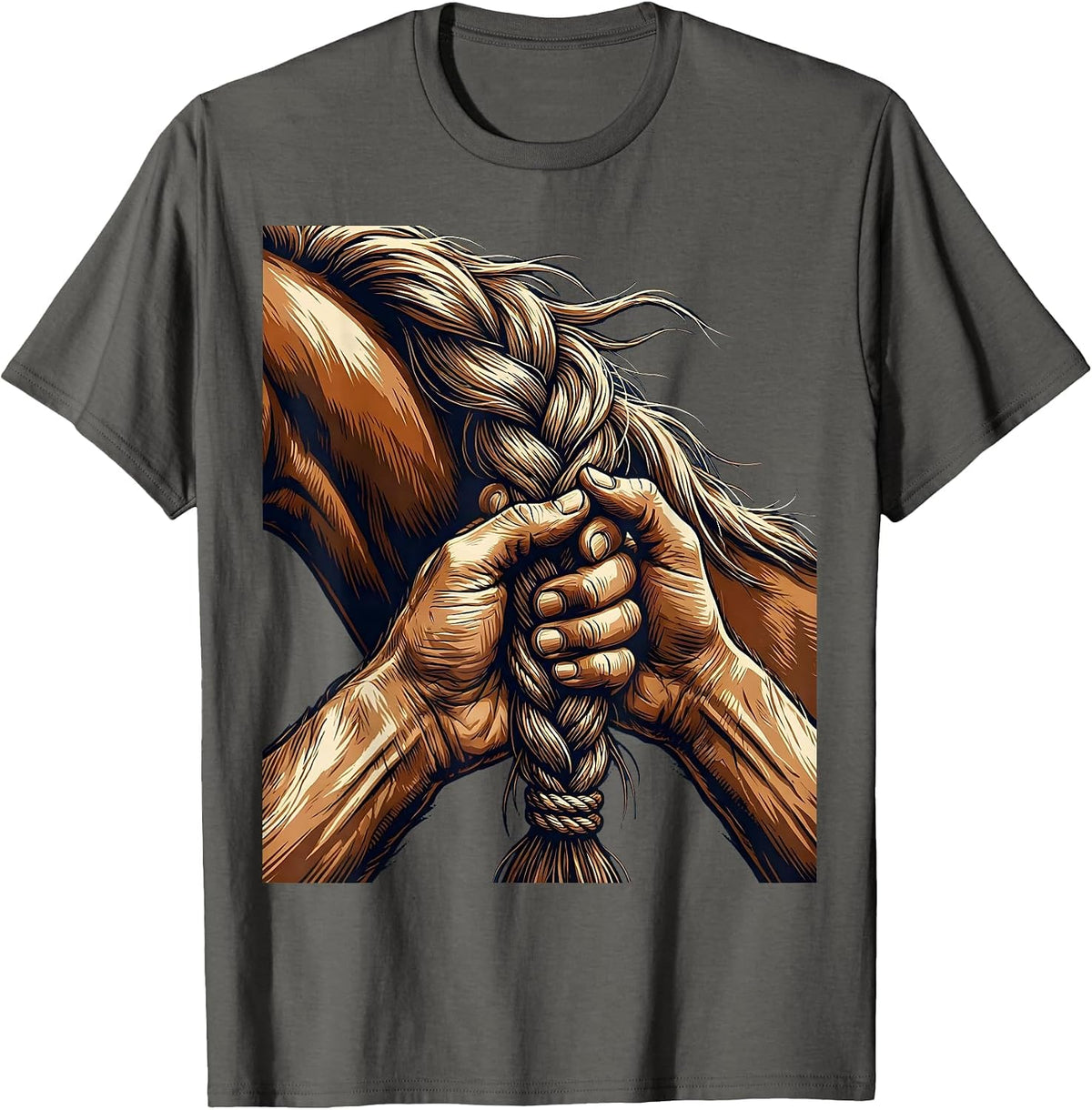 Horse Mane Braid Weathered Hands Rodeo Illustration T-Shirt - Asphalt Grey