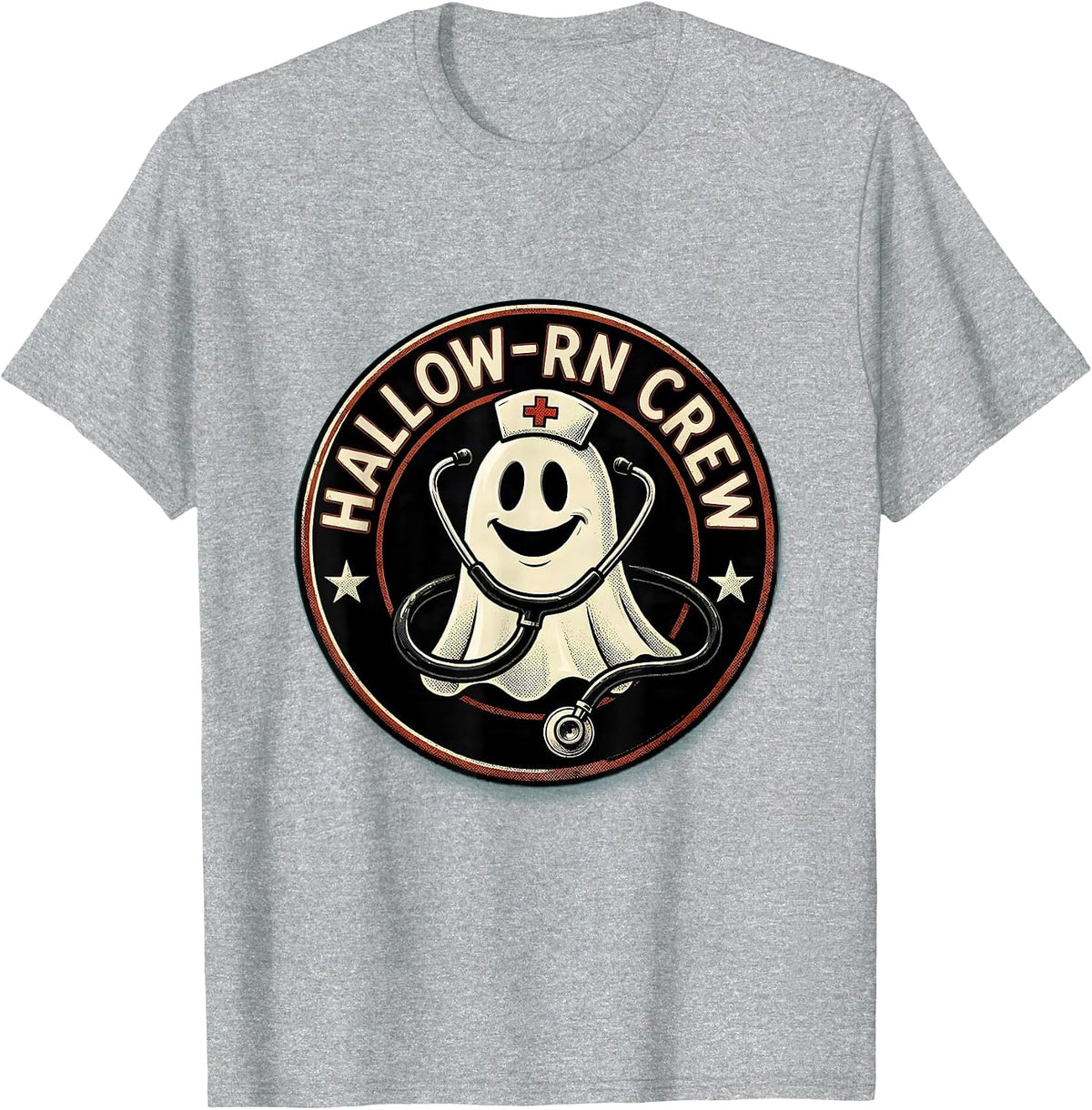 Men's Hallow-RN Crew Retro Cartoon Halloween Nurse Medical Humor T-Shirt - Heather Grey