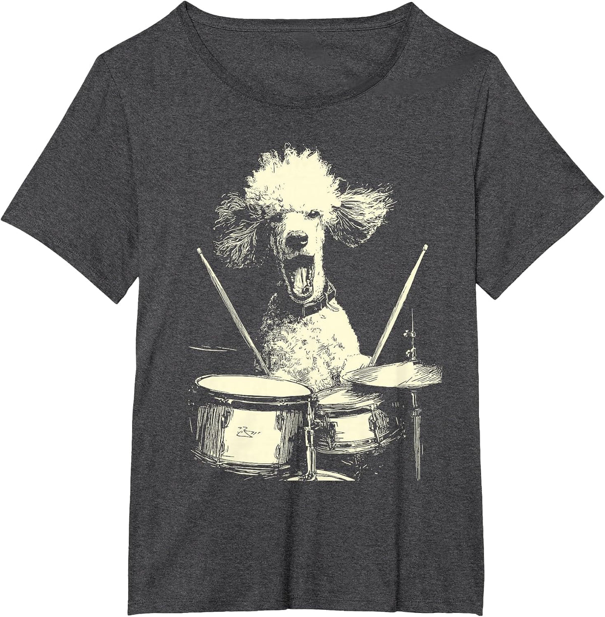 Cute Poodle Playing Drums Funny Music Dog Drummer Graphic T-Shirt - Dark Heather Grey